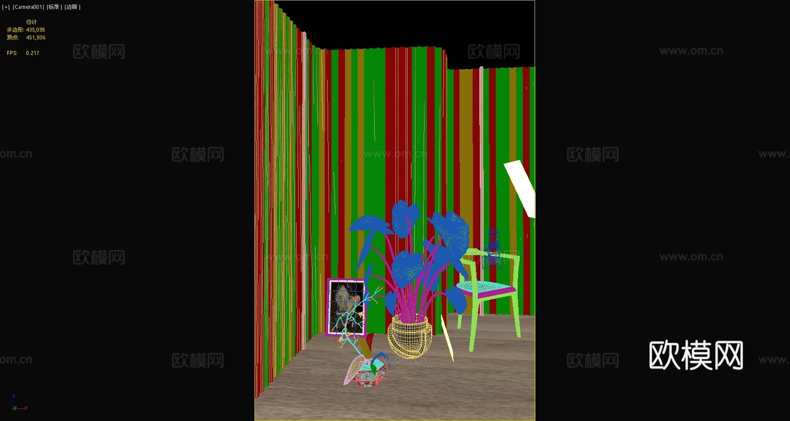 北欧盆栽北欧植物装饰画单椅餐椅木质单椅3d模型