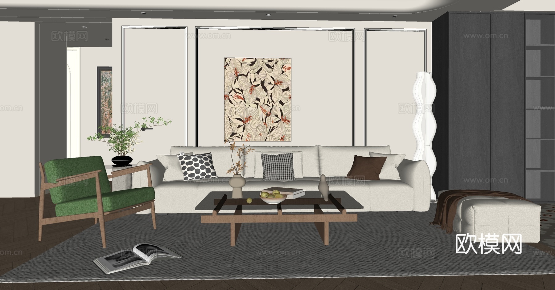 中古家居客厅 复古风客厅 沙发茶几组合 中古风休闲椅 沙发椅su模型下载（渲染图2）