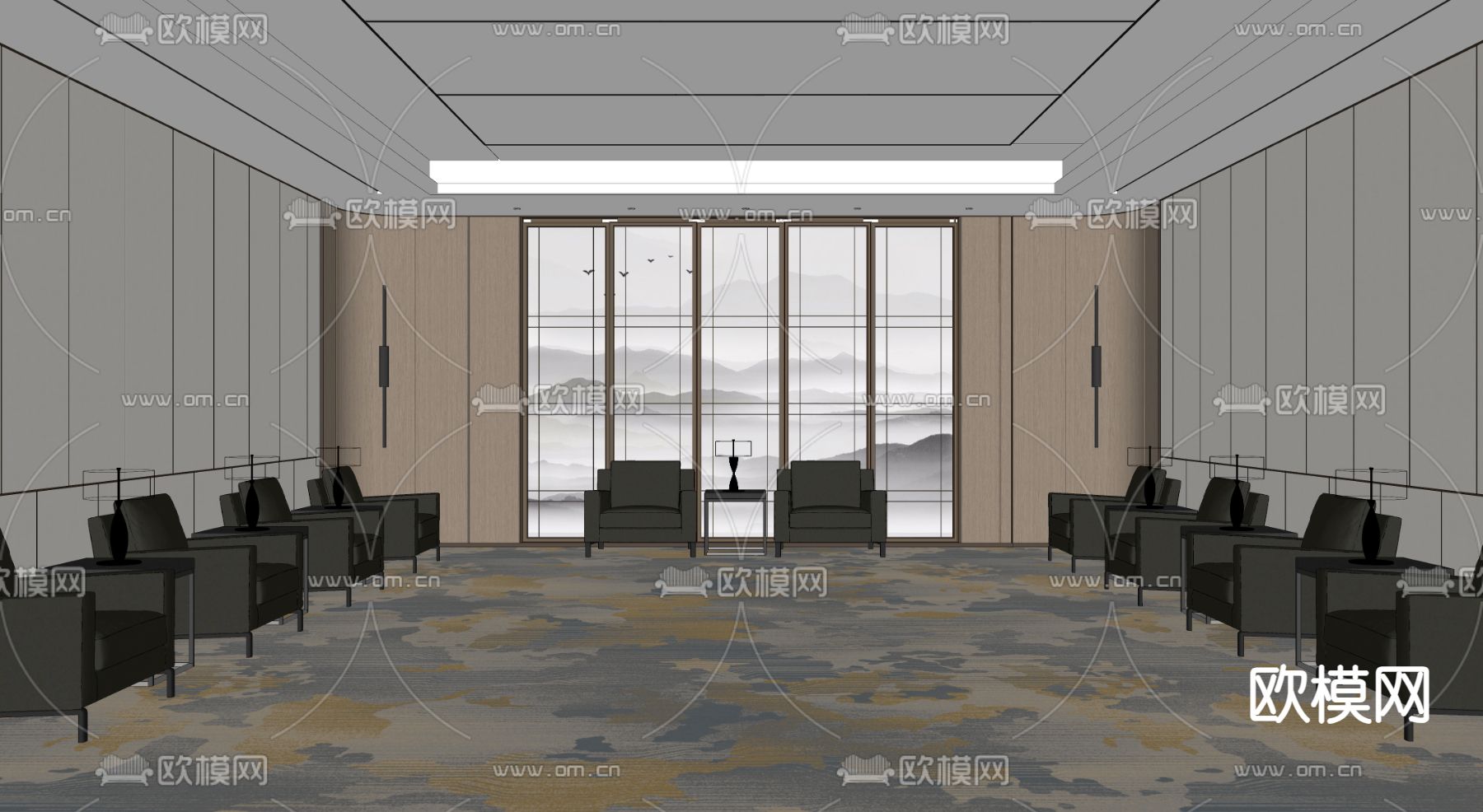 新中式接待室 会客厅su模型下载（渲染图2）