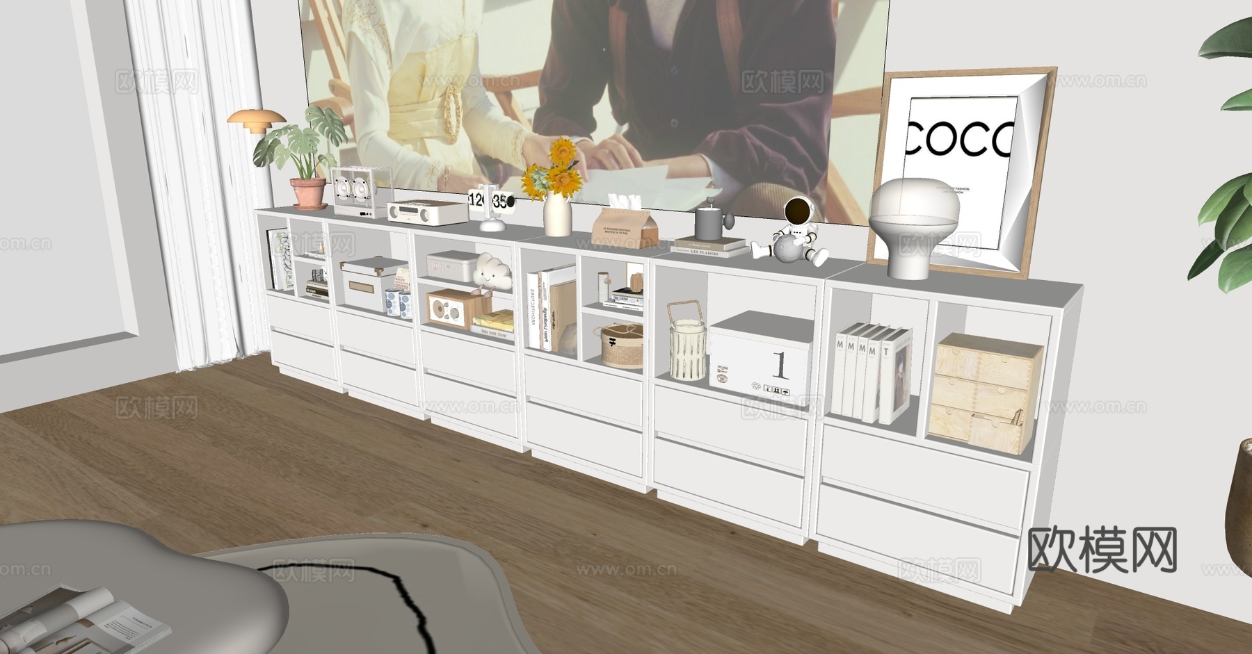 现代奶油书柜 奶油风矮书柜 白色矮书柜 奶油北欧书柜 书籍su模型下载（渲染图3）