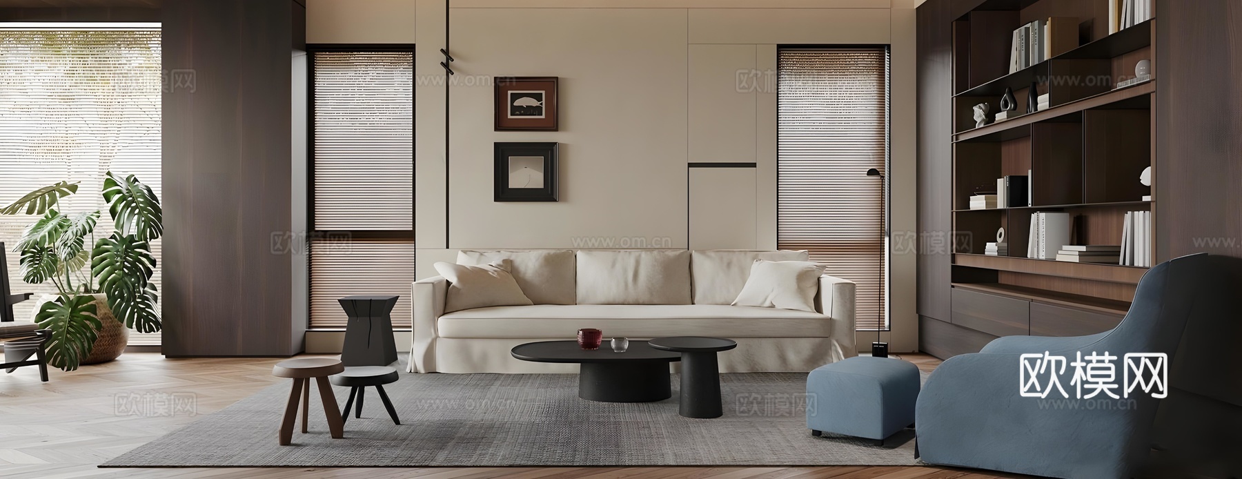 中古别墅客厅 中古风家居客厅 复古风别墅客厅 沙发茶几组合su模型下载（渲染图1）