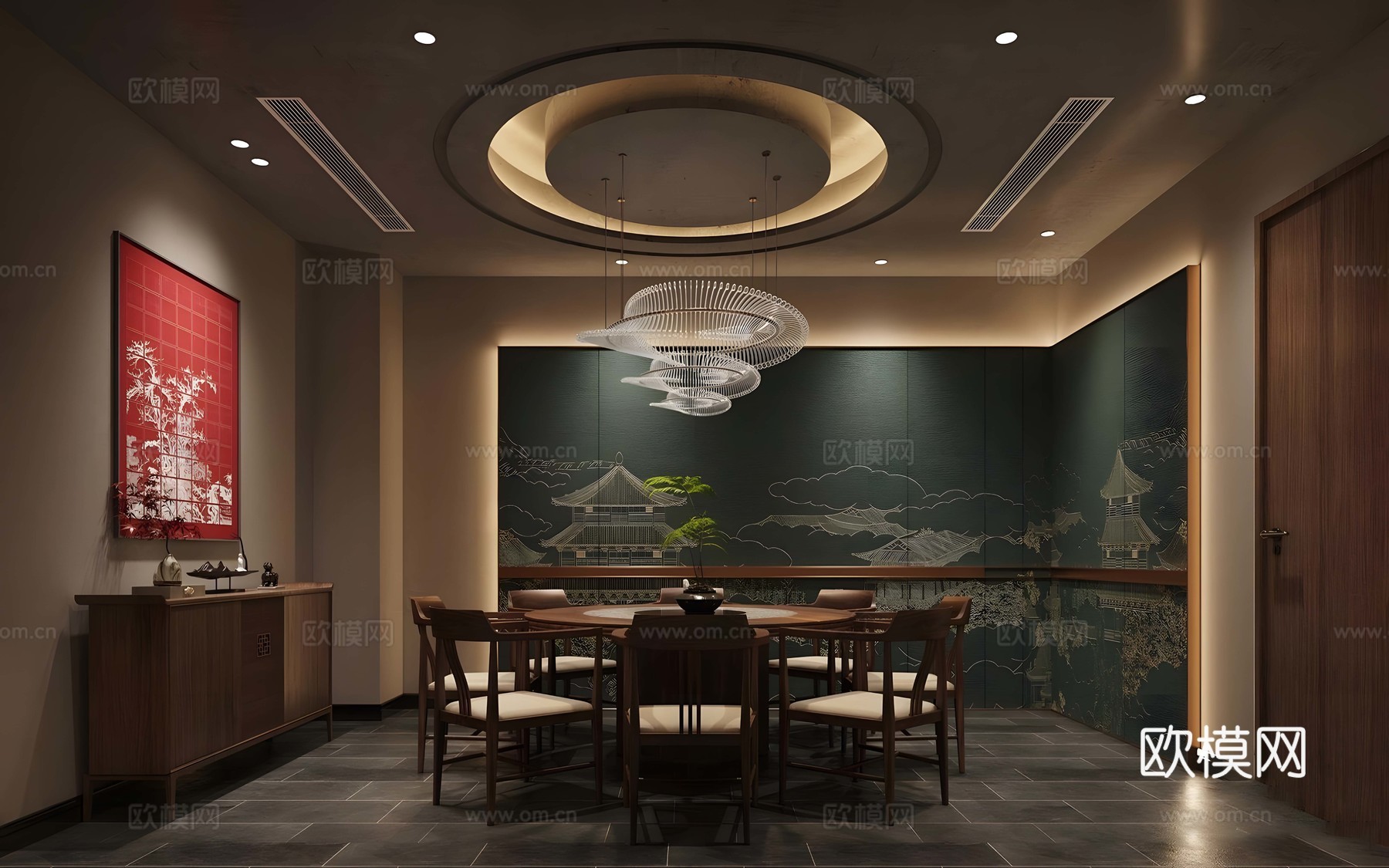 新中式包厢 餐厅包厢 会所包厢 包厢餐桌椅 四人以上餐桌椅su模型下载（渲染图1）