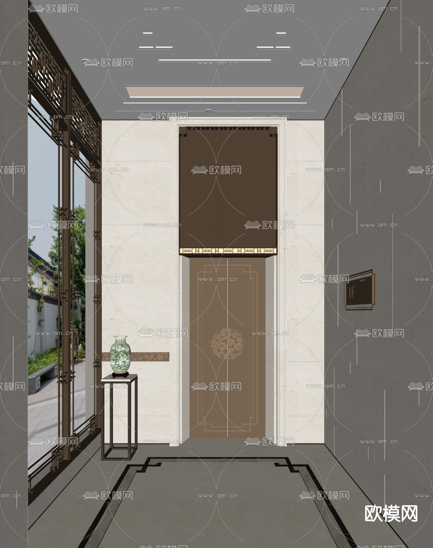 新中式酒店电梯厅su模型下载（渲染图2）