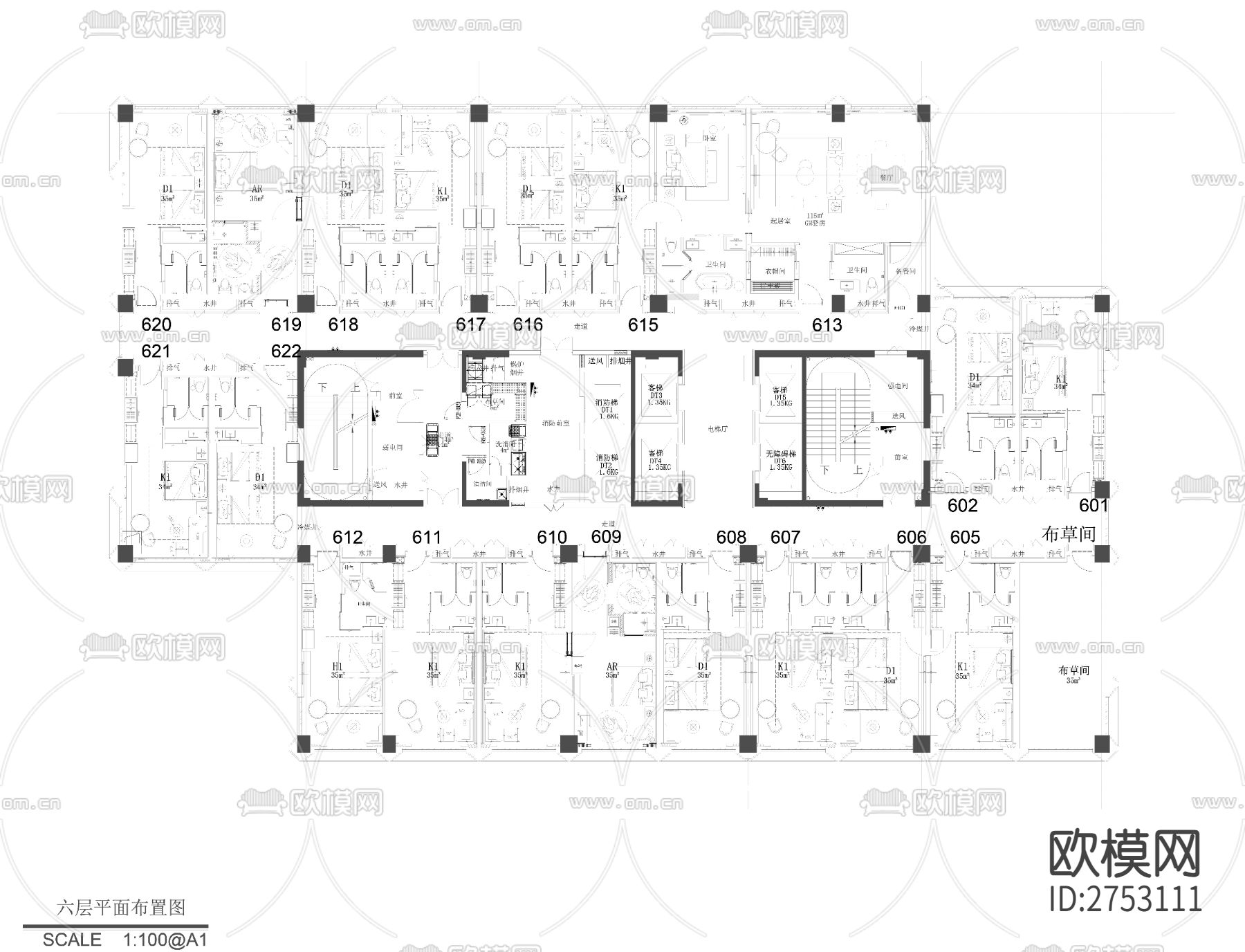 酒店客房总平面图下载（渲染图1）