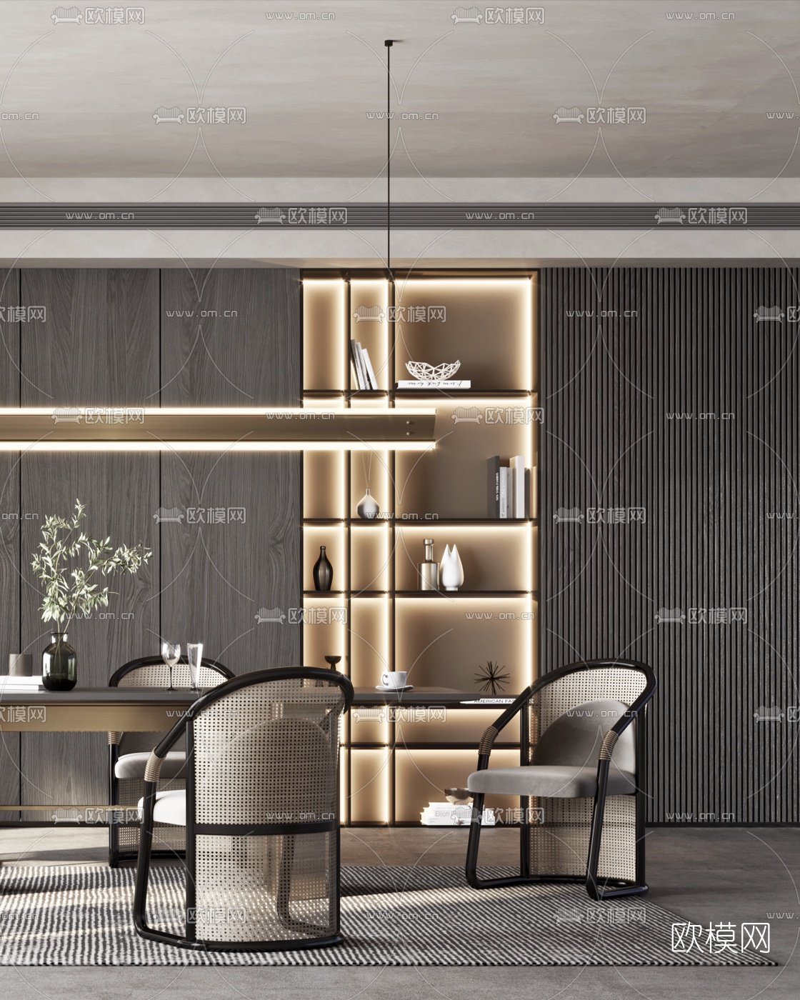 现代条形餐桌椅3d模型下载（渲染图3）