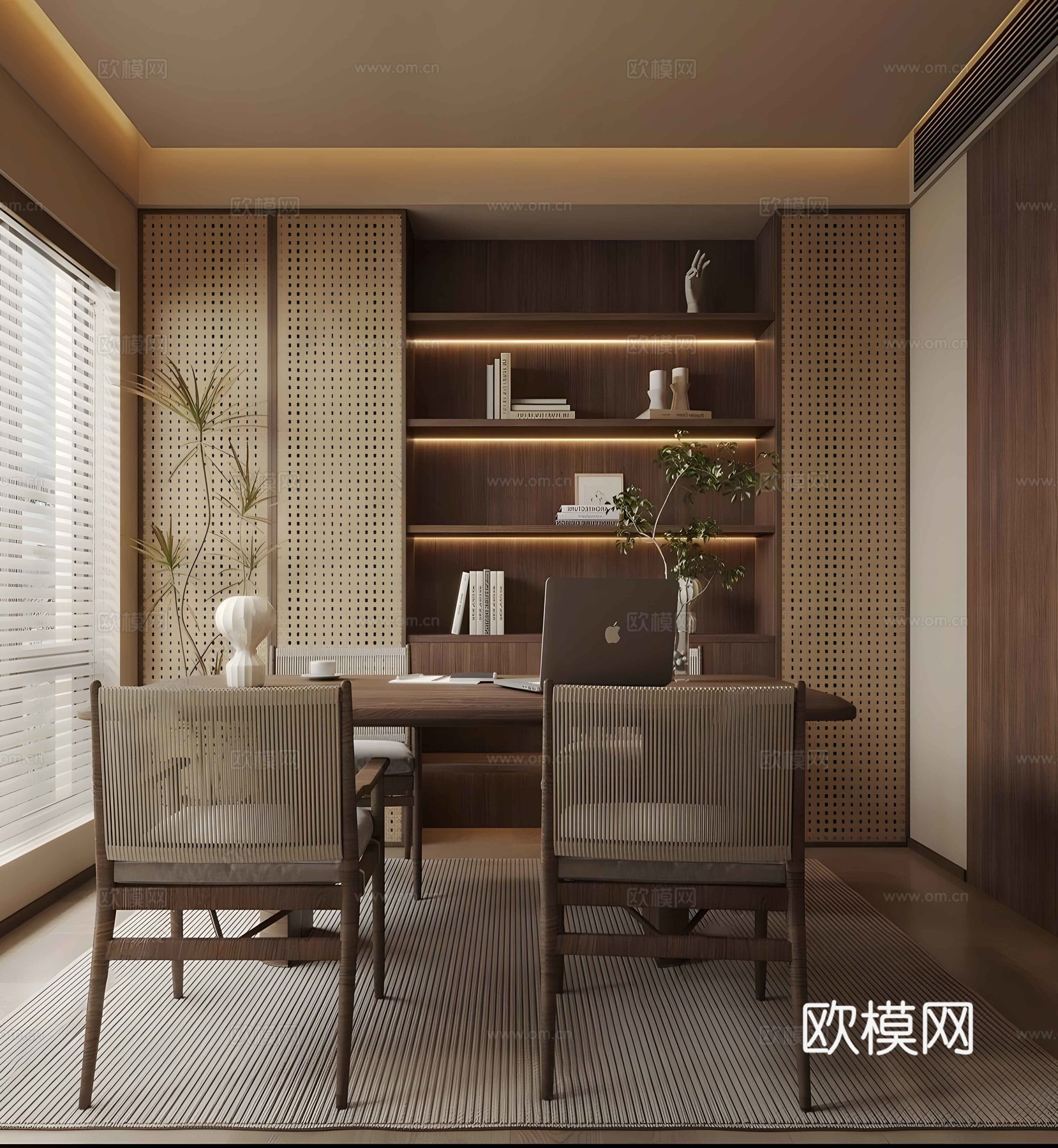 新中式禅意书房 宋式新中式书房 封闭式书房 家居茶室 书桌椅su模型下载（渲染图1）