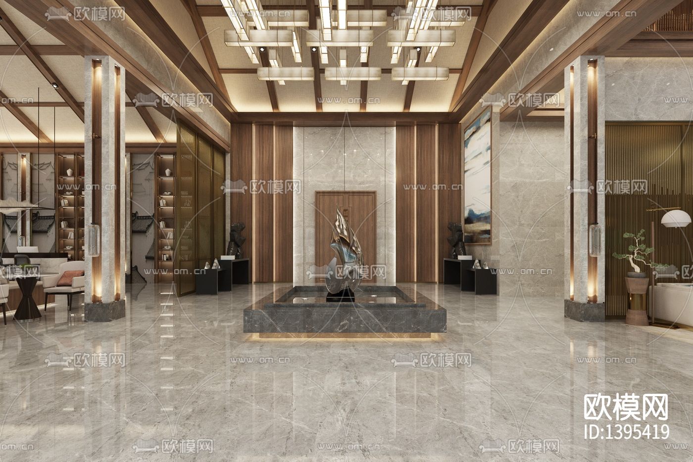 新中式酒店cad施工图下载（渲染图1）