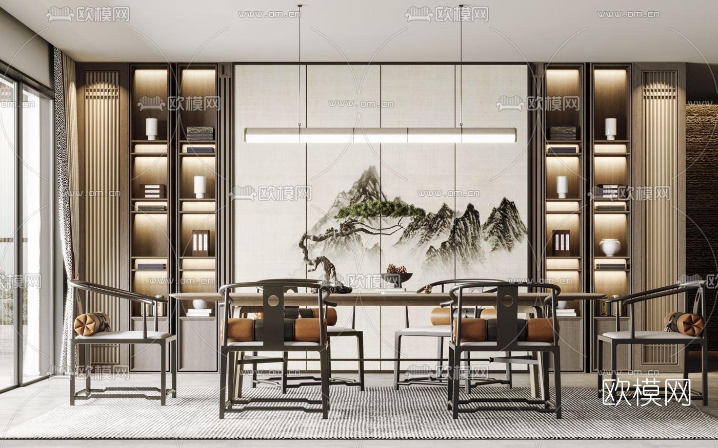 新中式实木餐桌椅3d模型下载