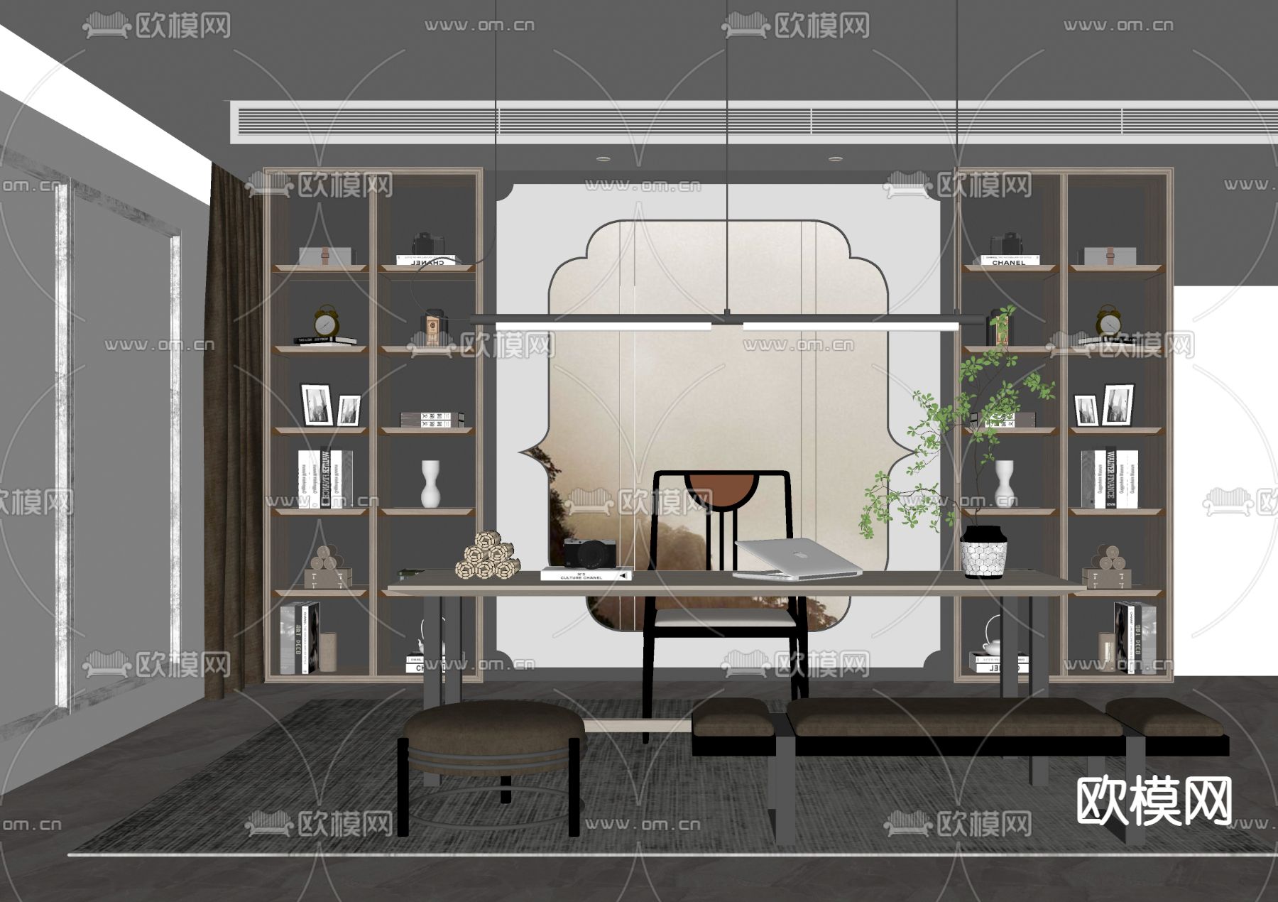 新中式书桌椅su模型下载（渲染图2）