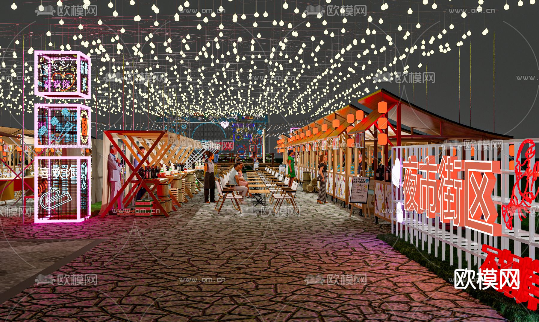 夜市摊位 小摊 美食街su模型下载（渲染图3）