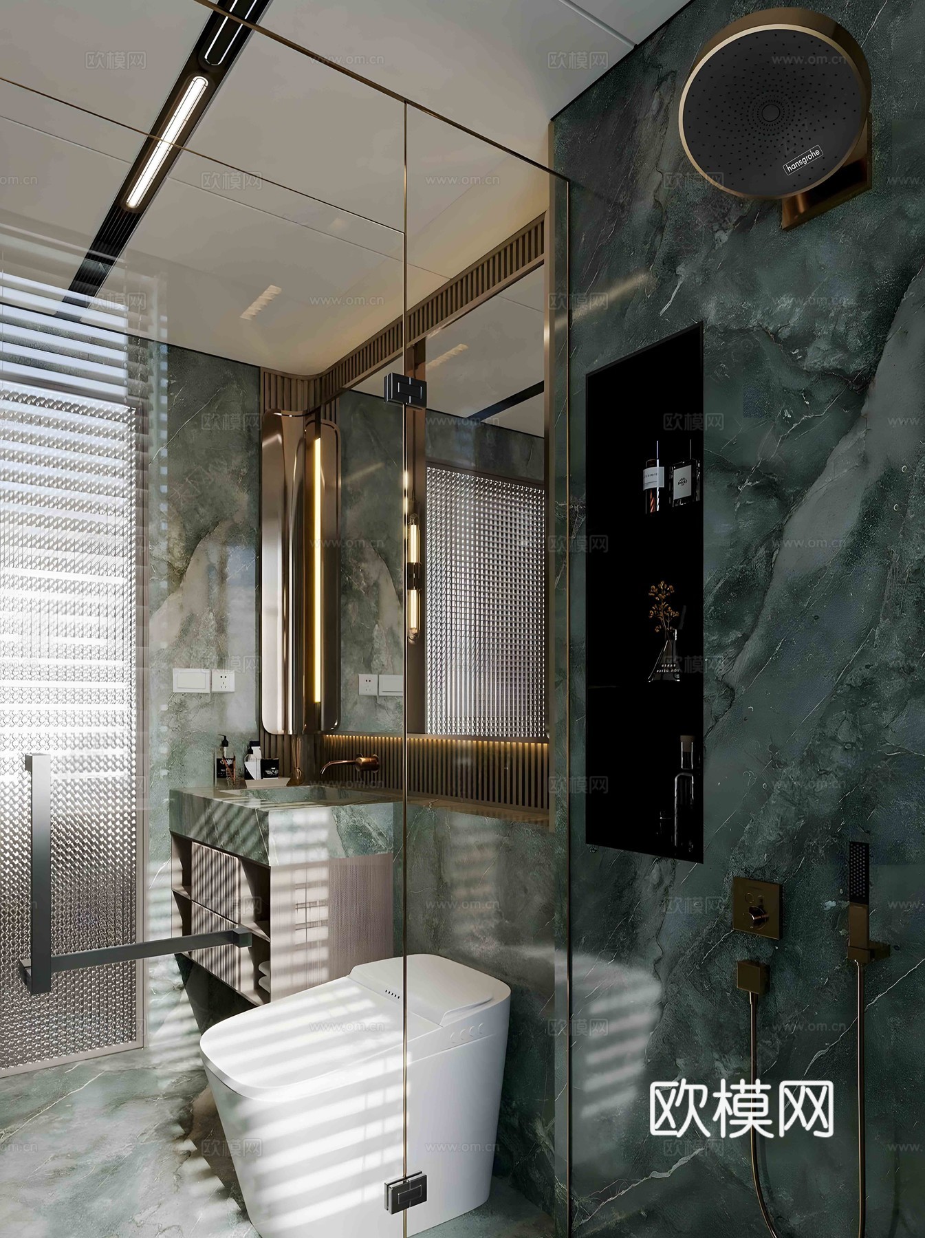 轻奢意式卫生间 大理石卫生间 卫生间洗手台 玻璃门卫生间su模型下载（渲染图1）