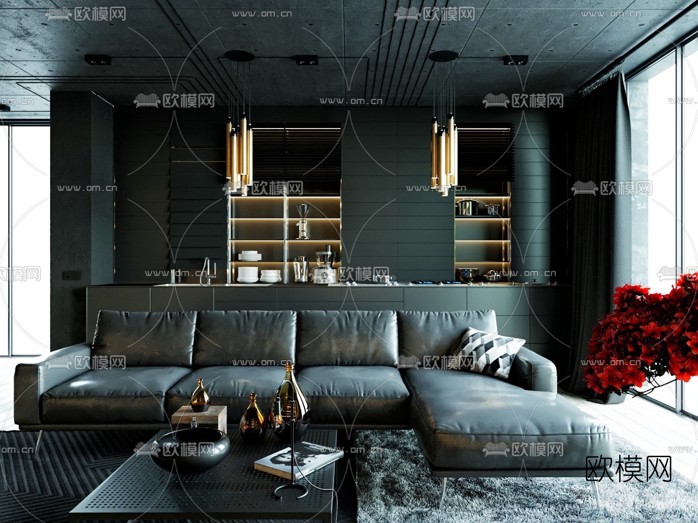 暗黑风 客厅厨房3d模型下载（渲染图2）