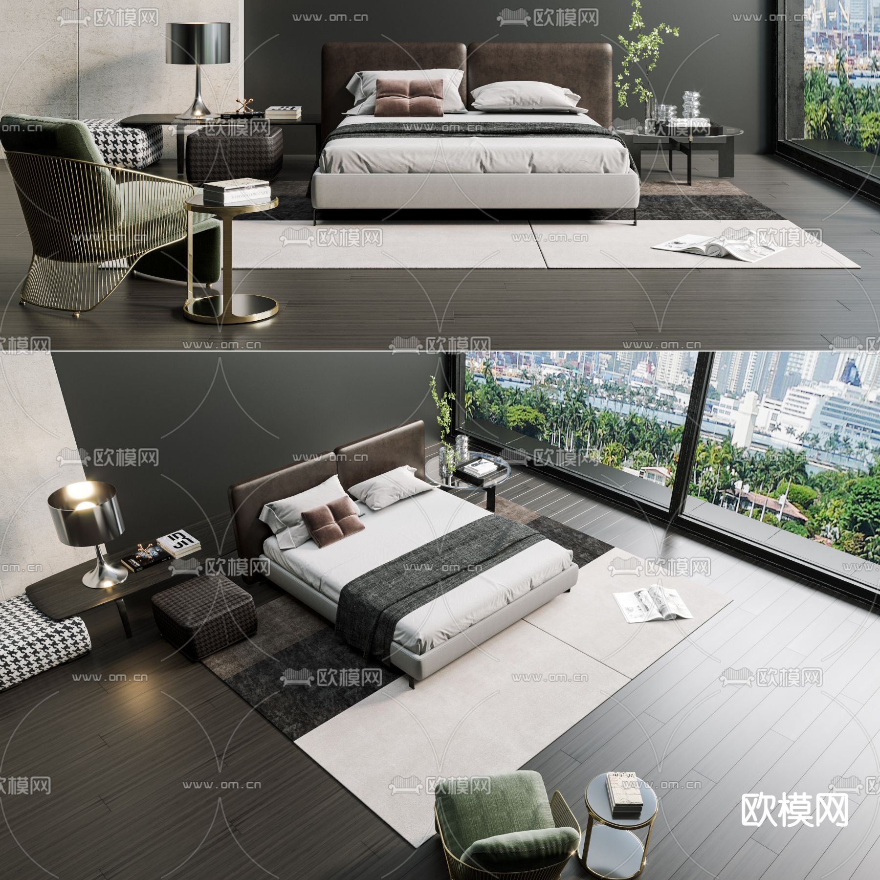 现代布艺双人床3d模型下载（渲染图1）