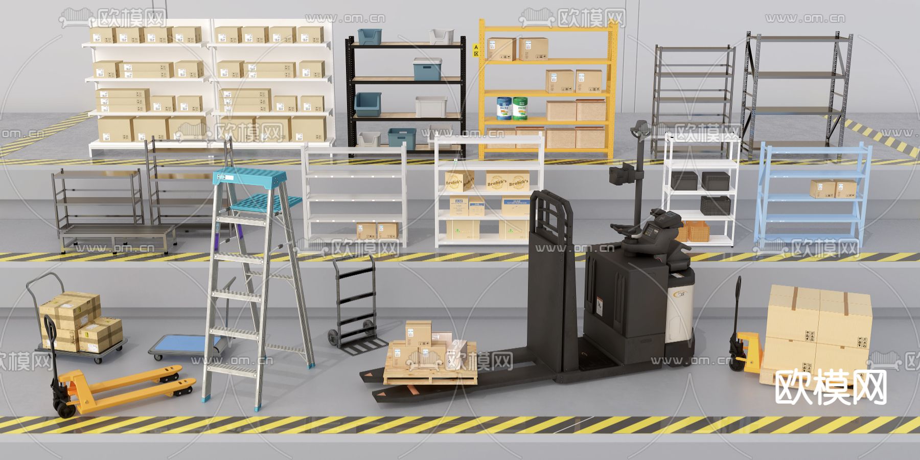 货架 包装箱 叉车 平板车梯子su模型下载（渲染图1）