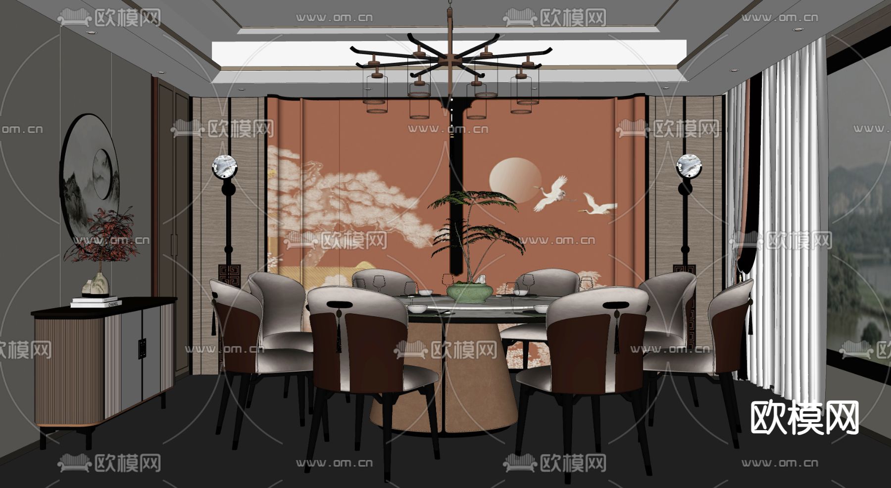 中式餐厅包厢su模型下载（渲染图1）