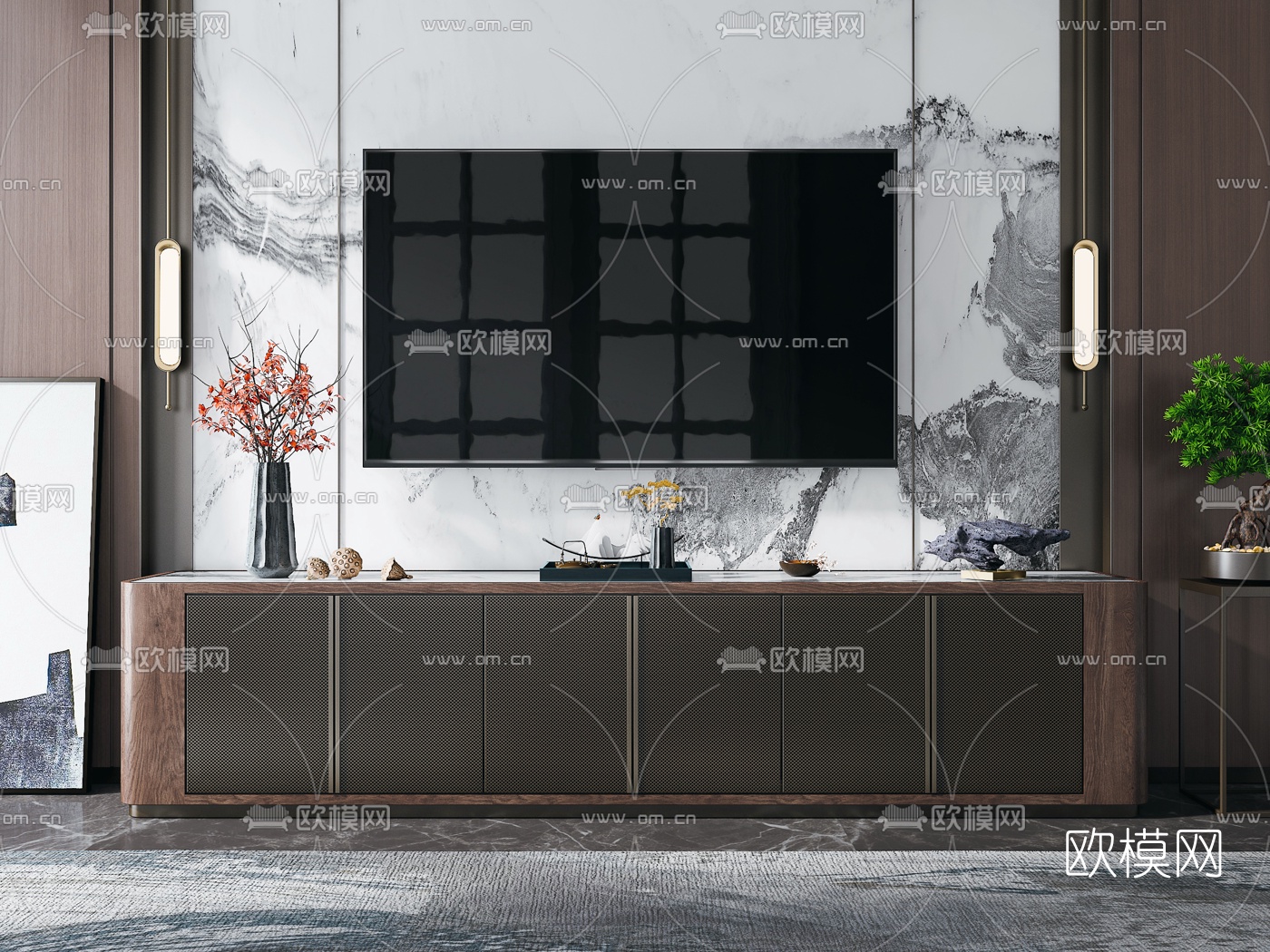 新中式电视柜背景墙3d模型下载