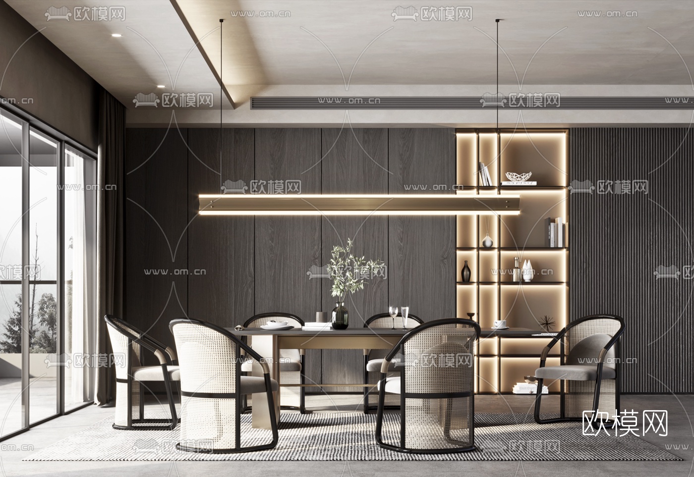 现代条形餐桌椅3d模型下载（渲染图1）