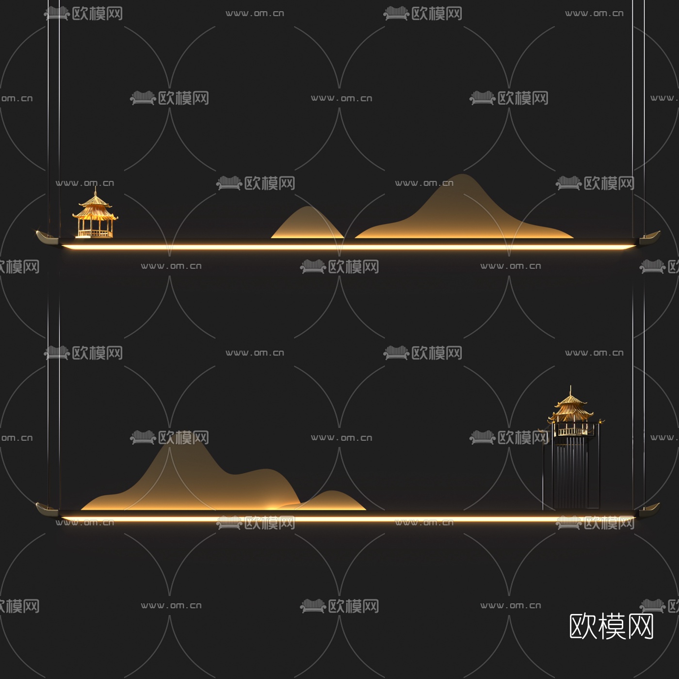 新中式假山凉亭装饰吊灯3d模型下载（渲染图1）