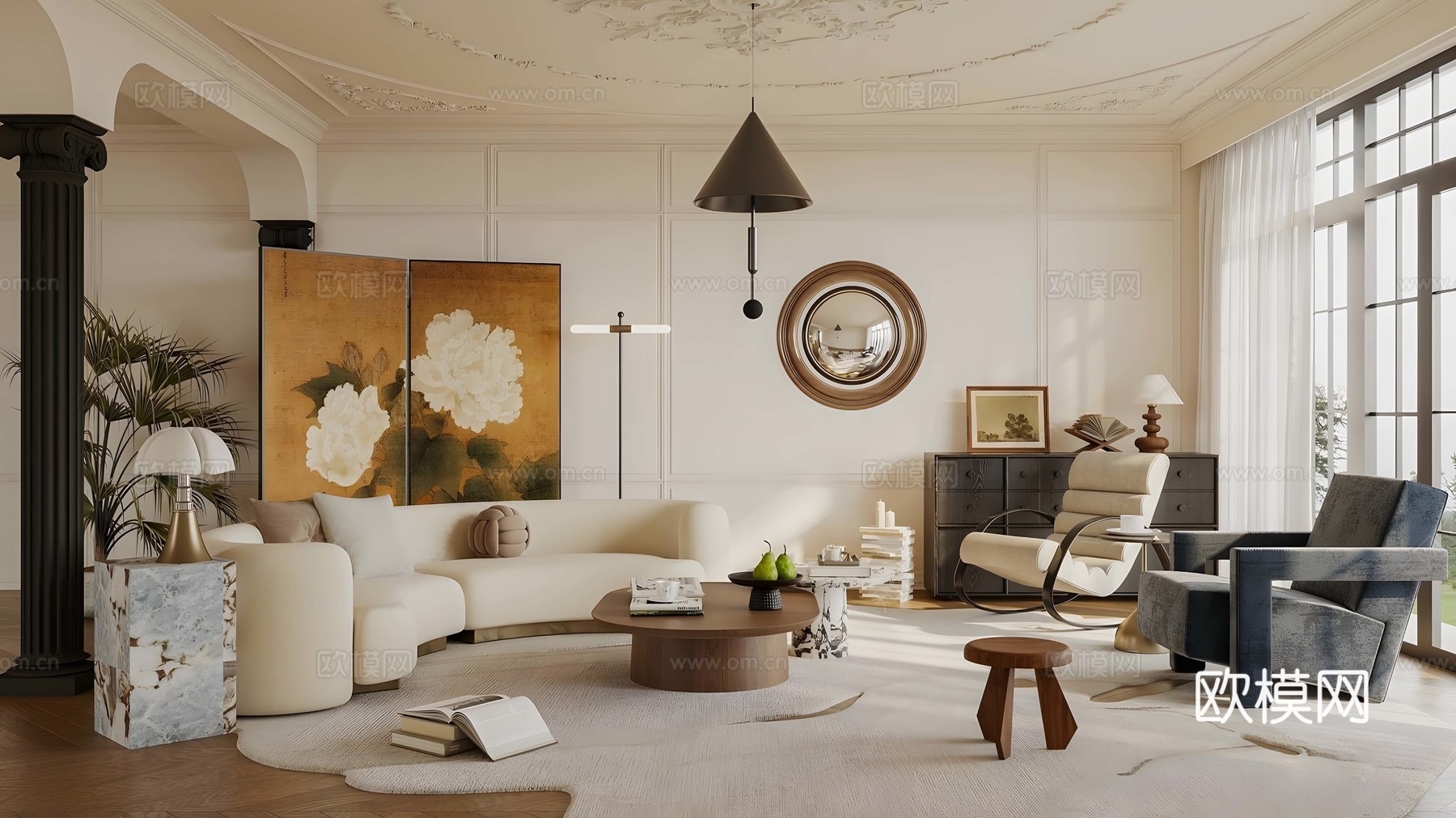 中古家居客厅 侘寂中古风客厅 沙发茶几组合 中古风休闲椅 复su模型下载（渲染图1）