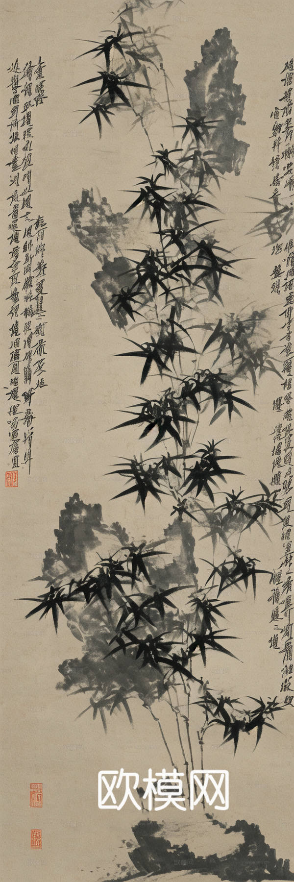 国画古画 水墨画 长卷 竹林字画