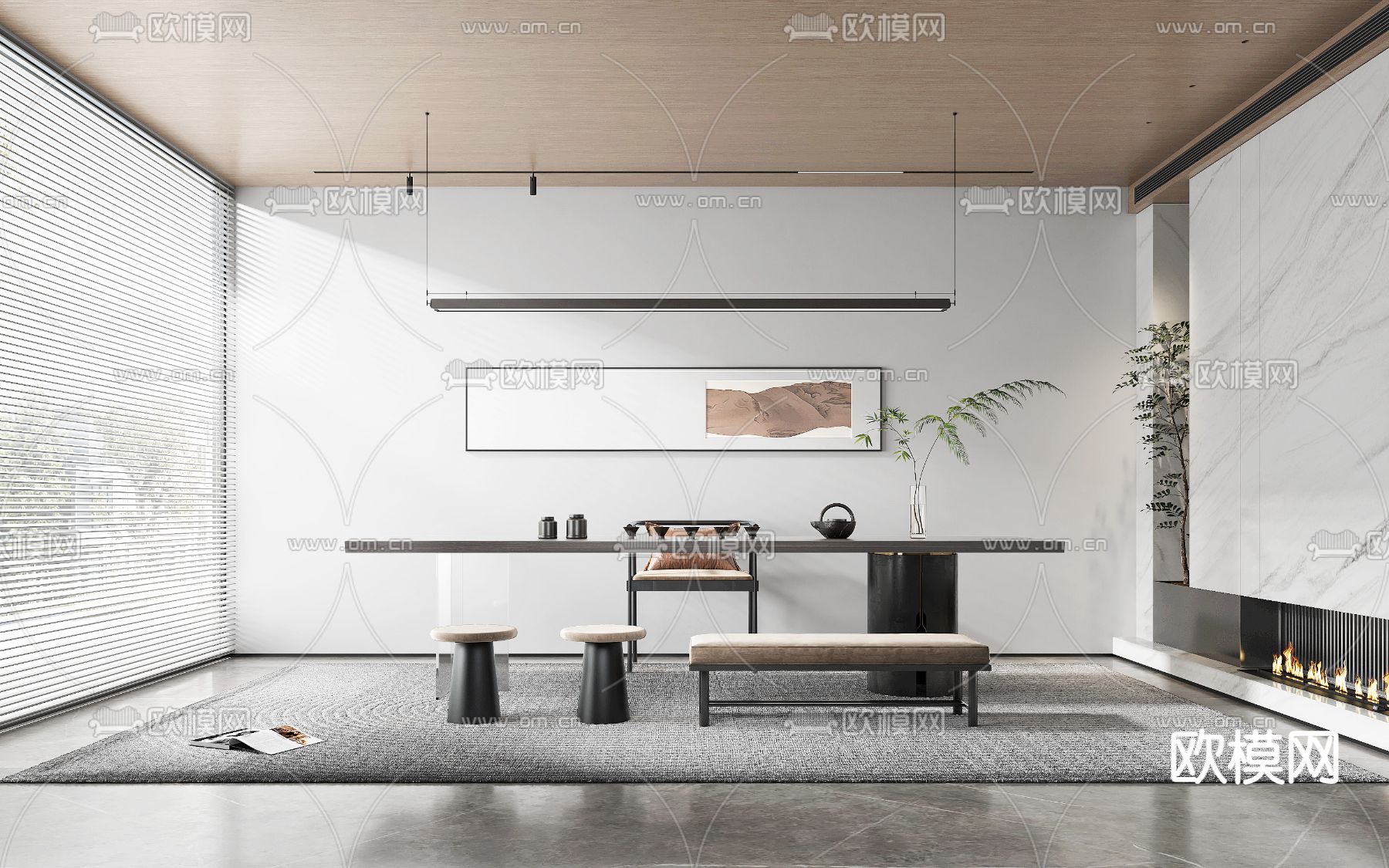 现代茶桌椅su模型下载（渲染图1）