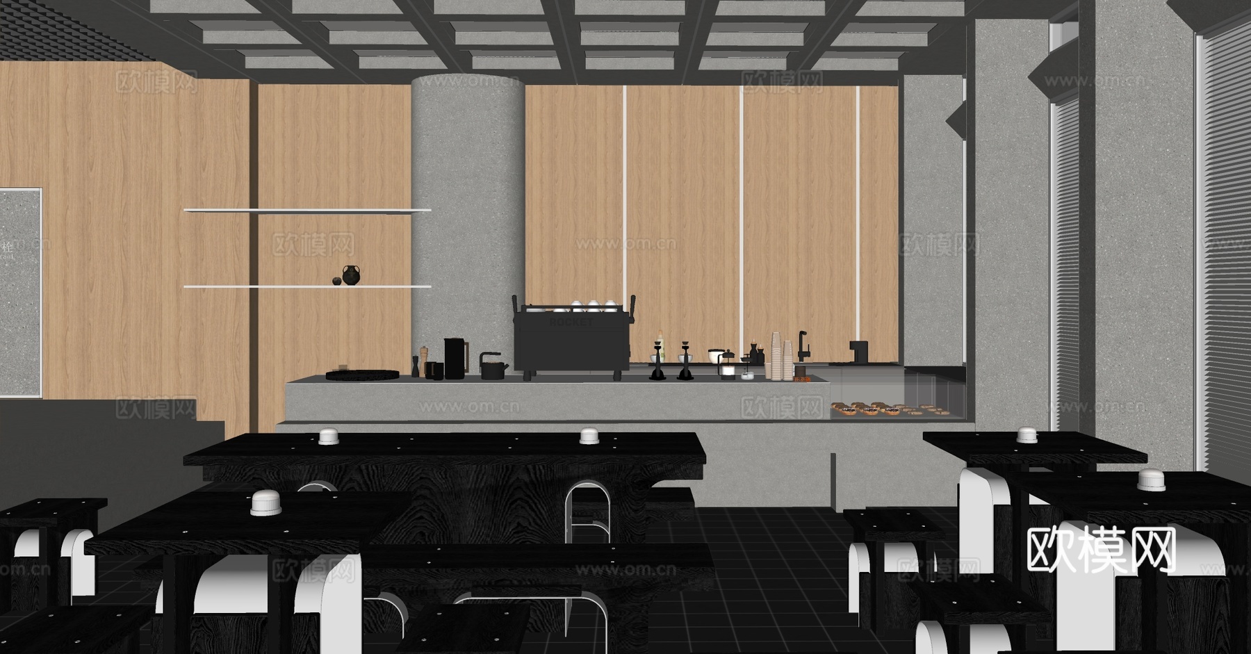 工业咖啡厅 咖啡操作台 奶茶店操作台 工业风奶茶店 咖啡桌椅su模型下载（渲染图4）