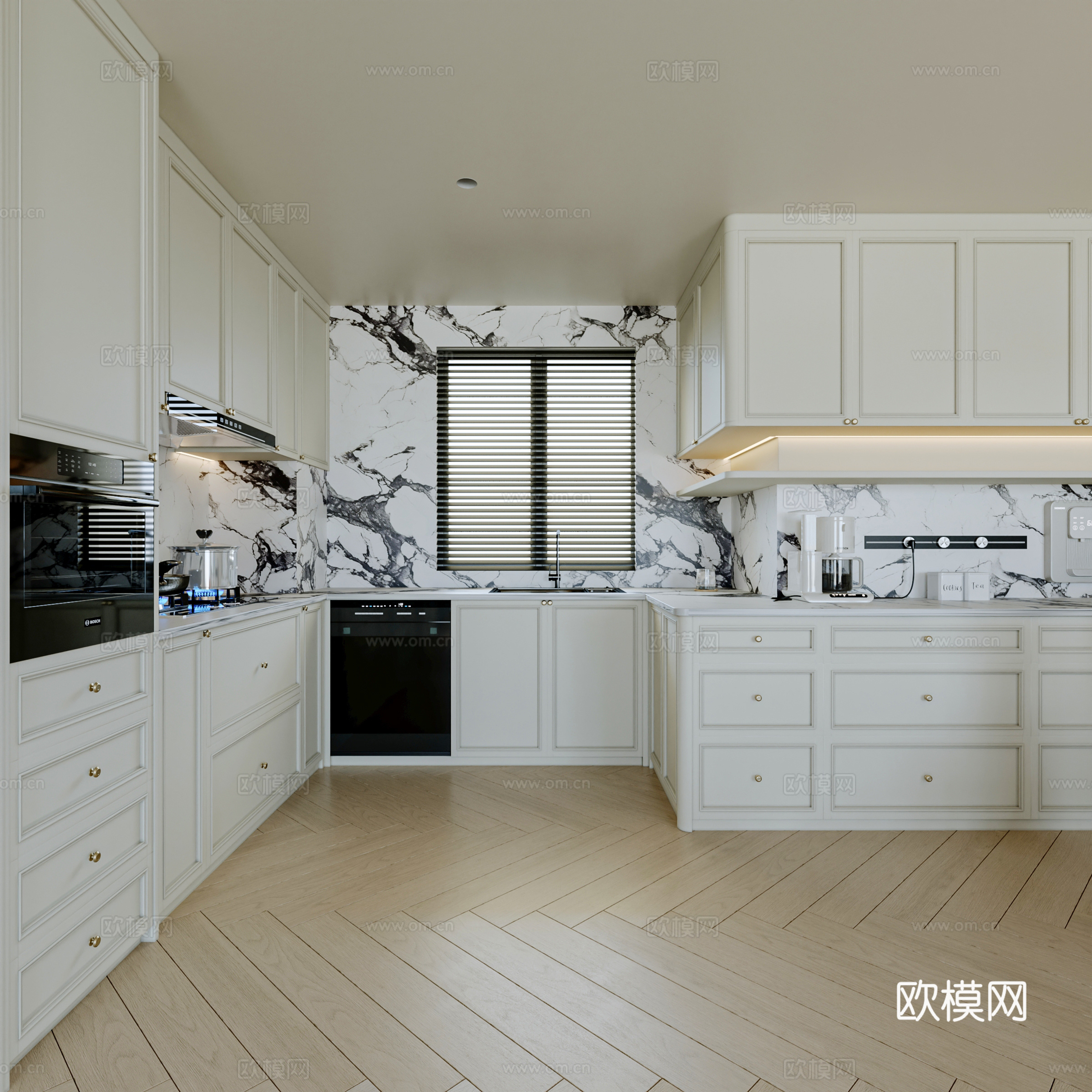 法式奶油开放式厨房  厨房餐厅 大平层厨房餐厅3d模型