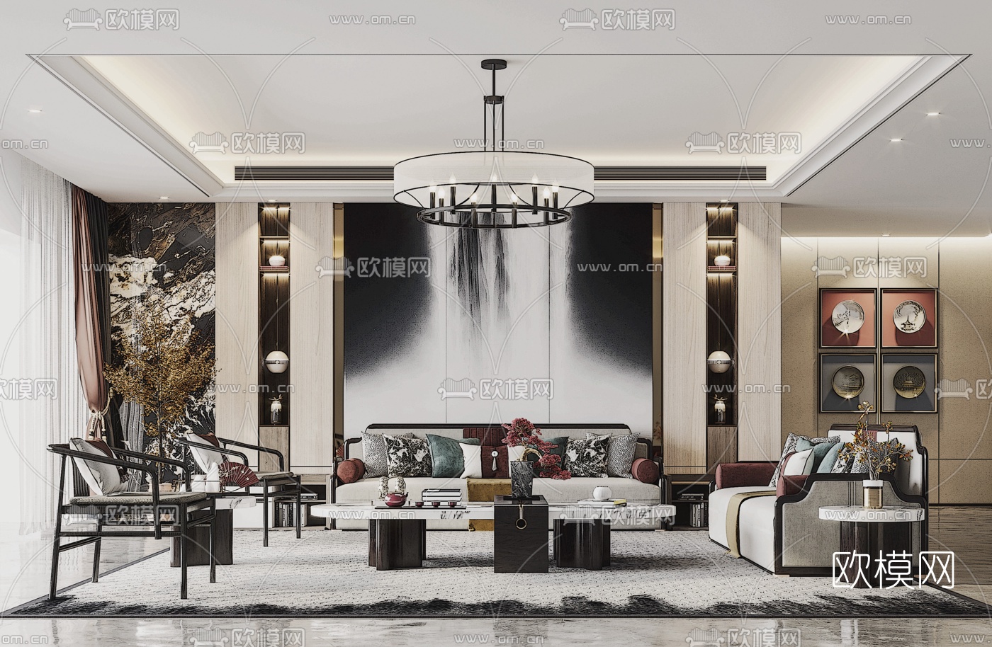 新中式轻奢沙发组合su模型下载（渲染图1）