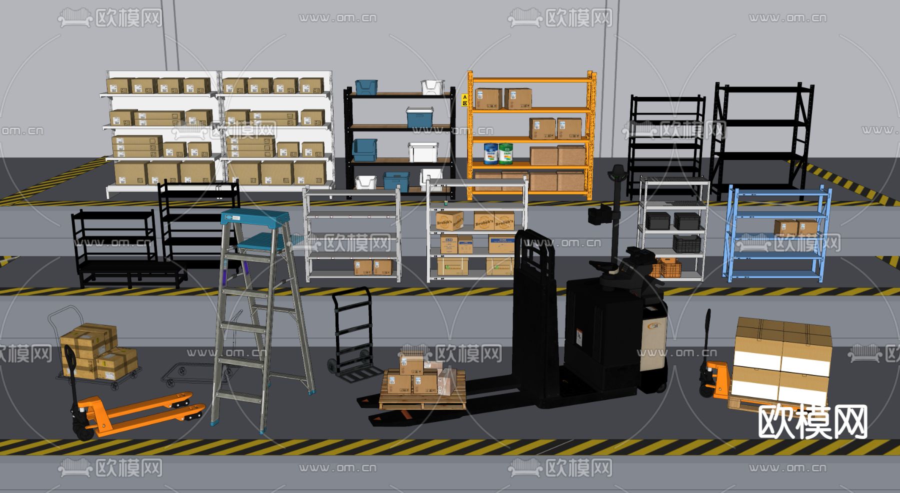 货架 包装箱 叉车 平板车梯子su模型下载（渲染图4）