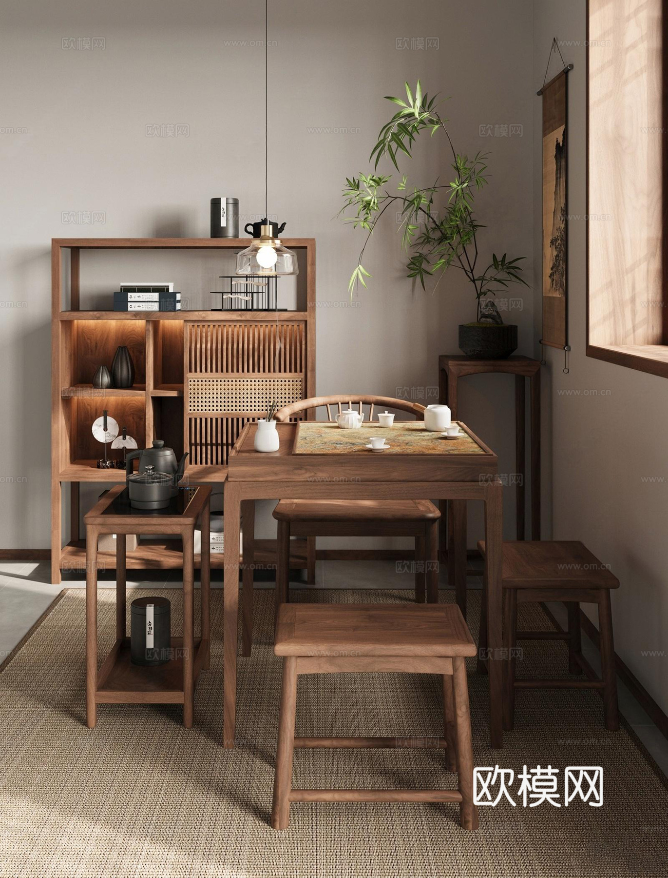 新中式茶室 阳台茶室 品茶区 实木茶台茶桌 实木茶桌椅 茶盘su模型下载（渲染图1）