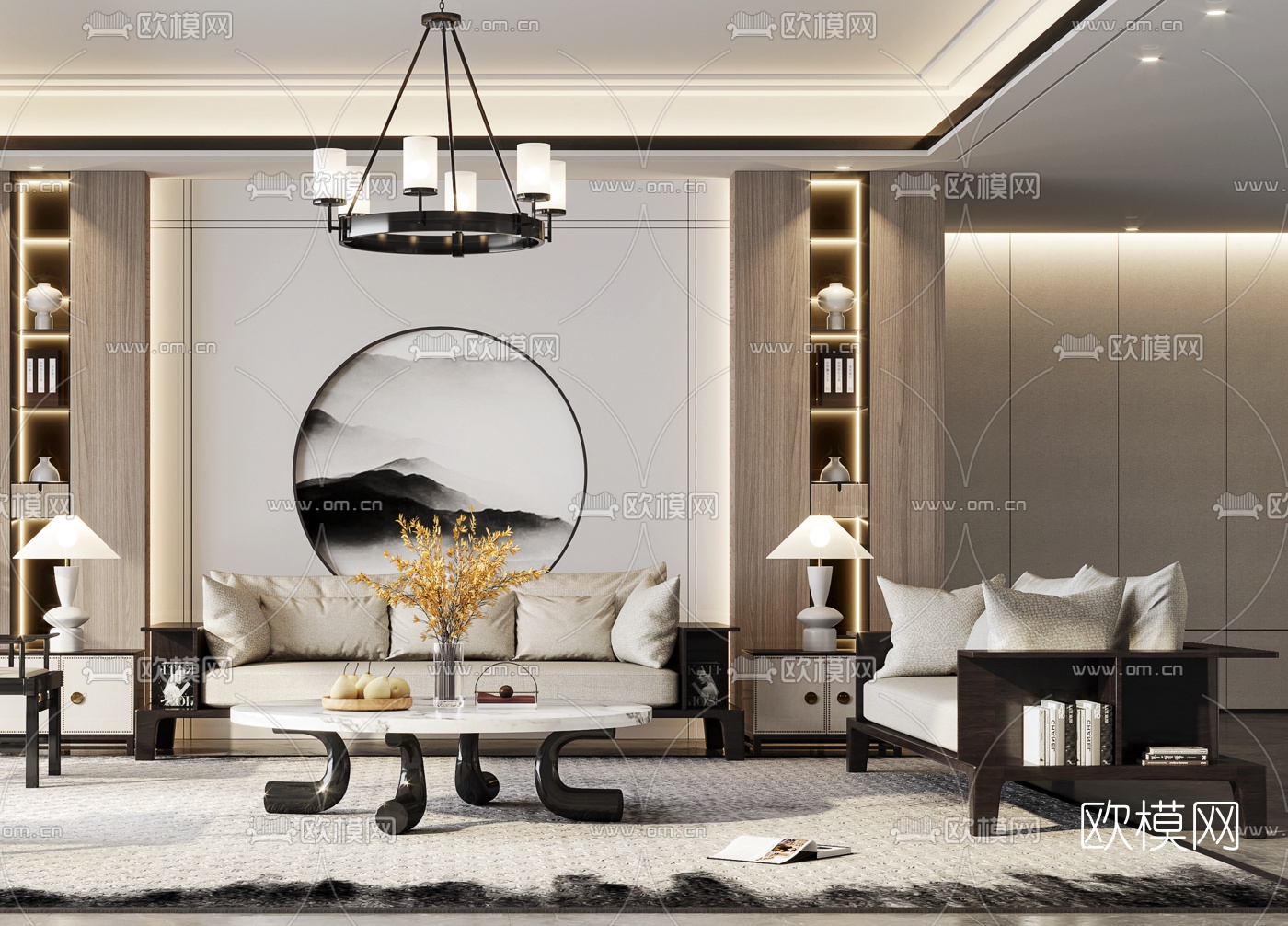 新中式布艺沙发组合3d模型下载（渲染图3）