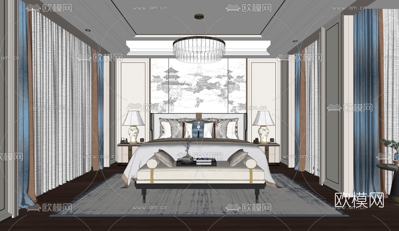 新中式卧室su模型下载