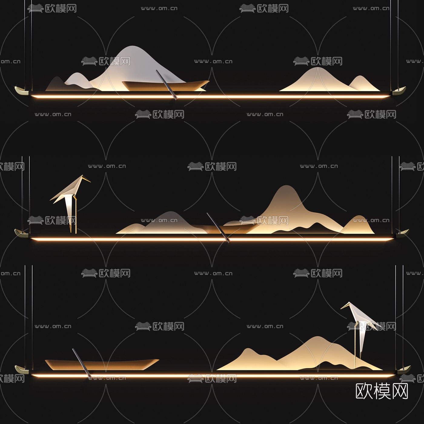 新中式禅意山脉装饰吊灯3d模型下载（渲染图1）