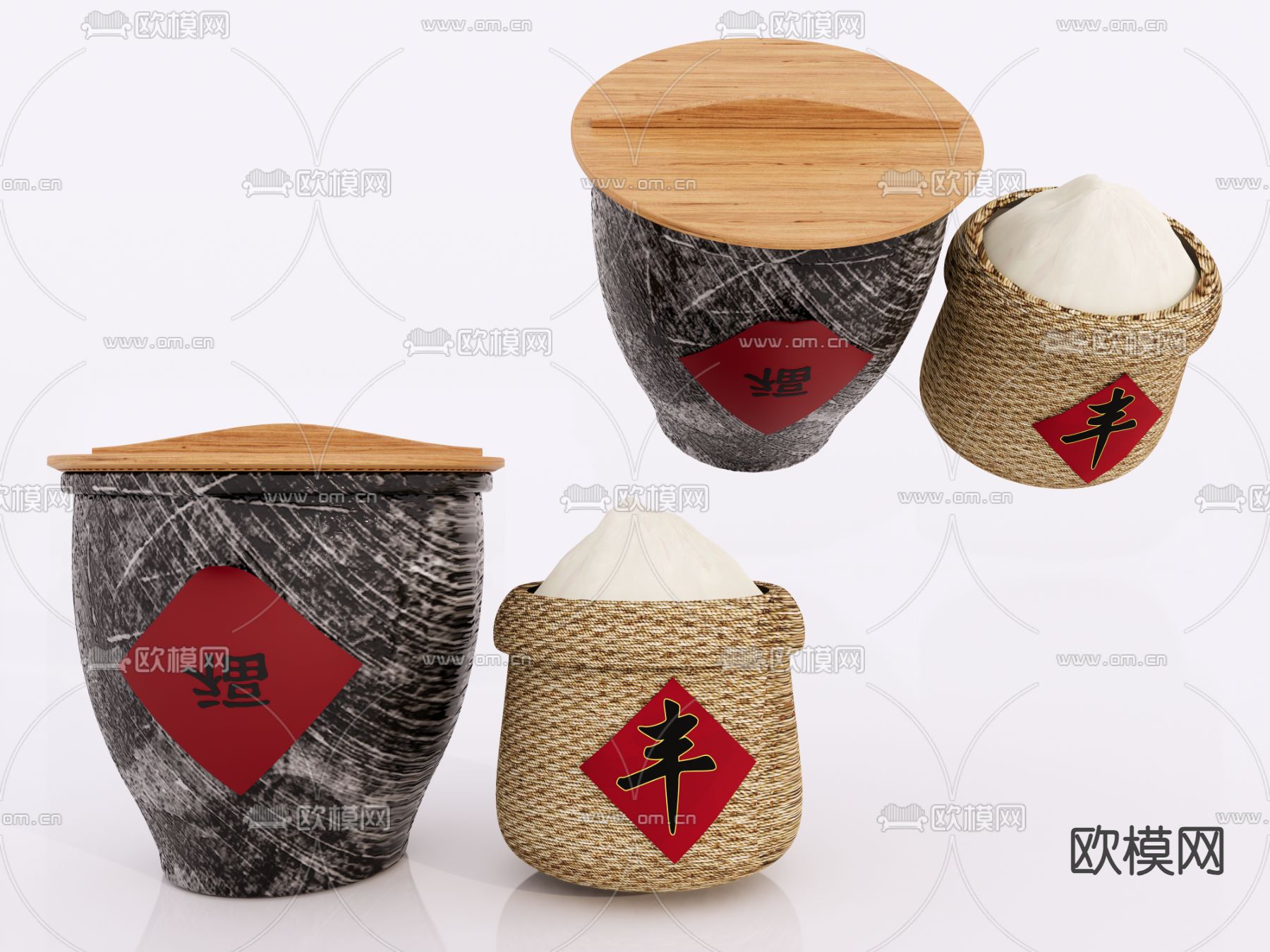 中式米缸 面缸 瓮 编制筐 陶瓷器皿 农家乐小品su模型