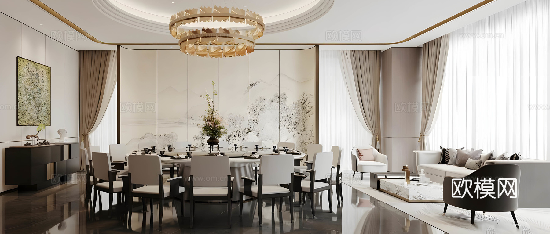 新中式包厢 中餐厅包厢 包厢餐桌椅 圆桌餐桌椅 四人以上餐桌su模型下载（渲染图1）