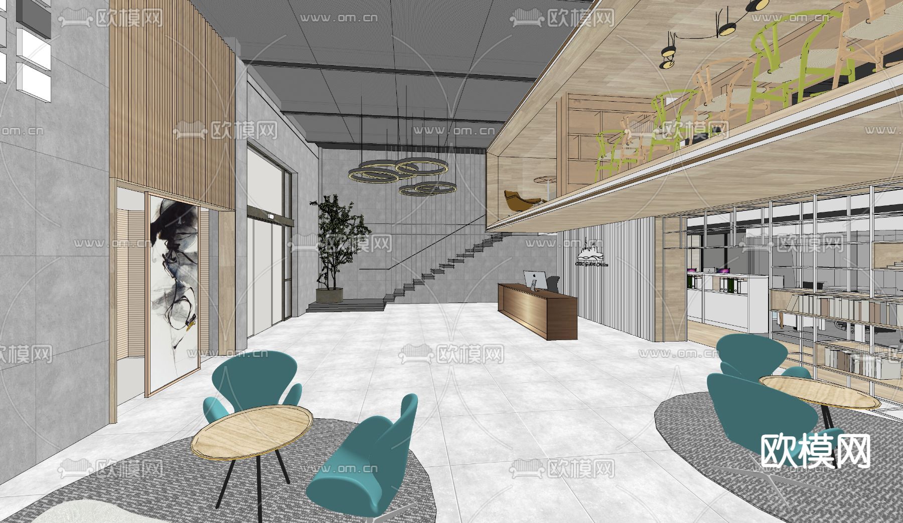 开放式办公区 办公室su模型下载（渲染图2）