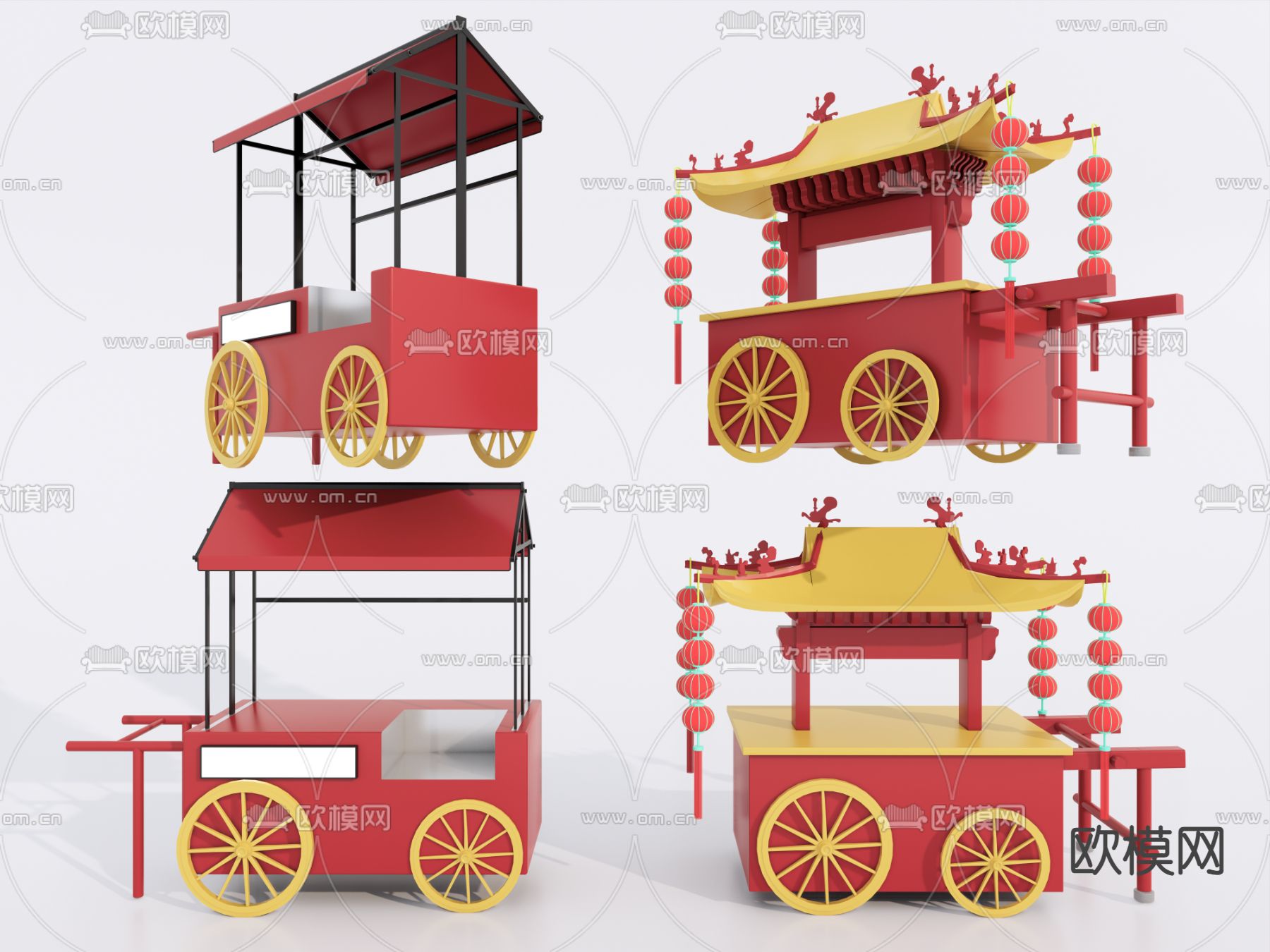 中式售卖车 地摊小吃车 移动餐车su模型