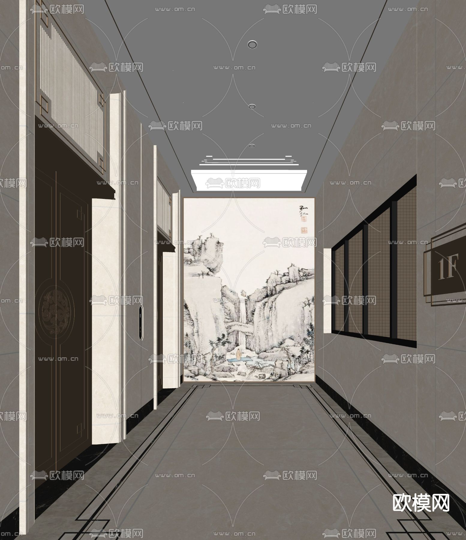 新中式电梯厅su模型下载（渲染图2）