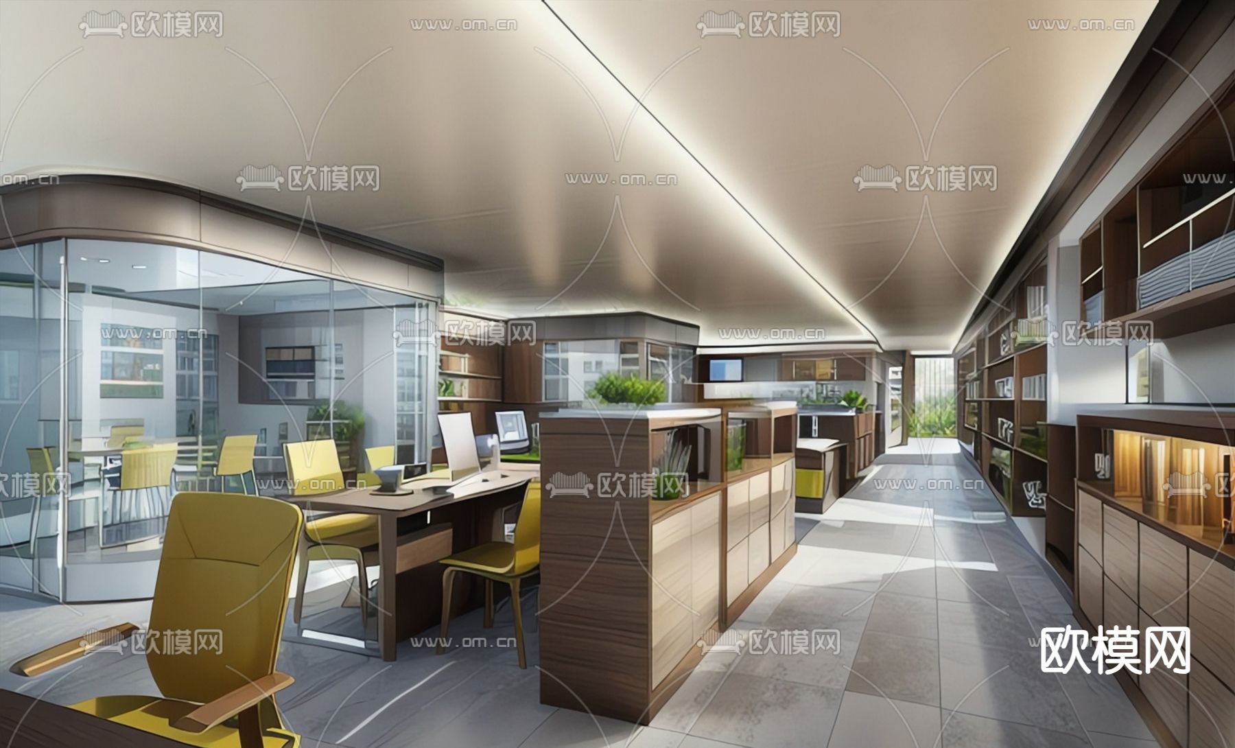 开放式办公区 办公室su模型下载（渲染图1）