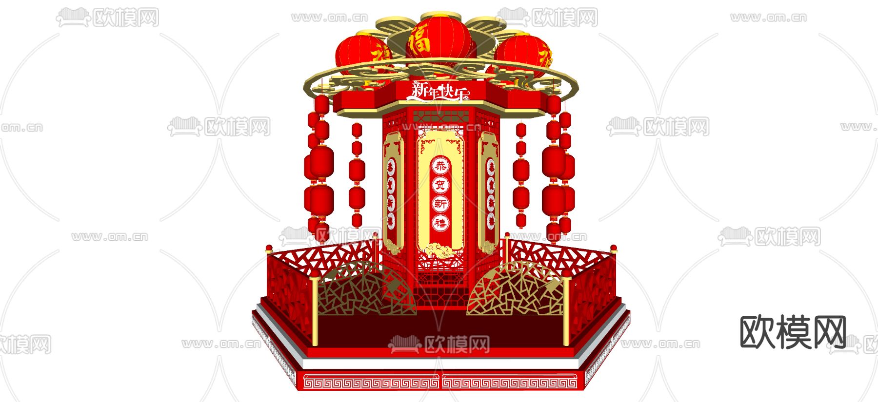 中式春节美陈 红色雕塑su模型