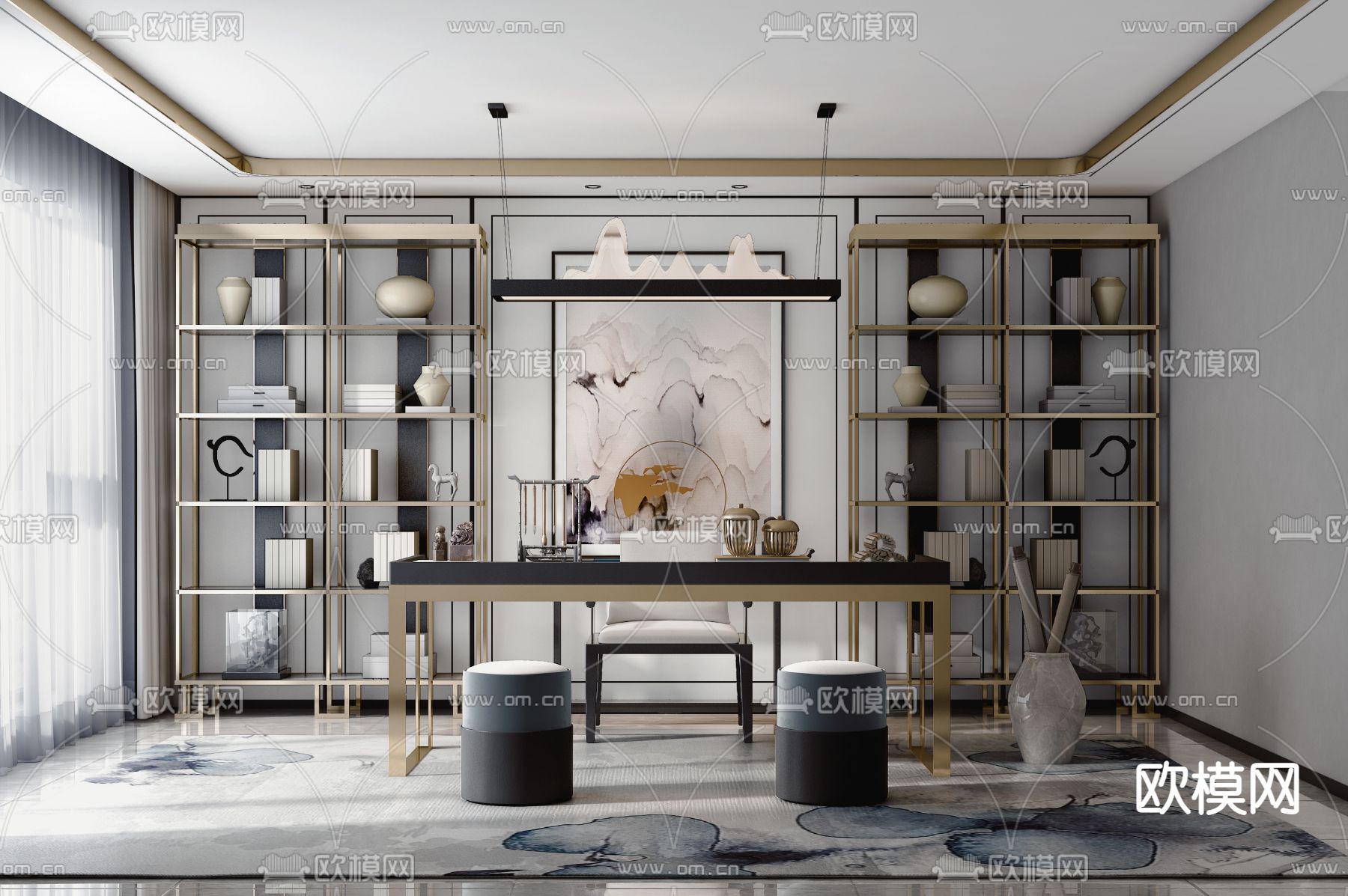新中式书房su模型下载（渲染图1）