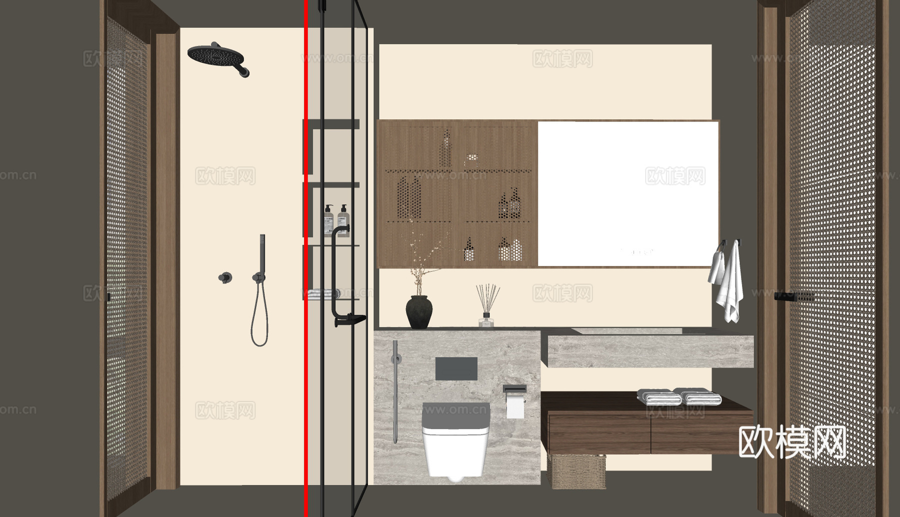 侘寂卫生间 侘寂风卫生间 干湿分离卫生间 半墙卫生间 卫生间su模型下载（渲染图3）