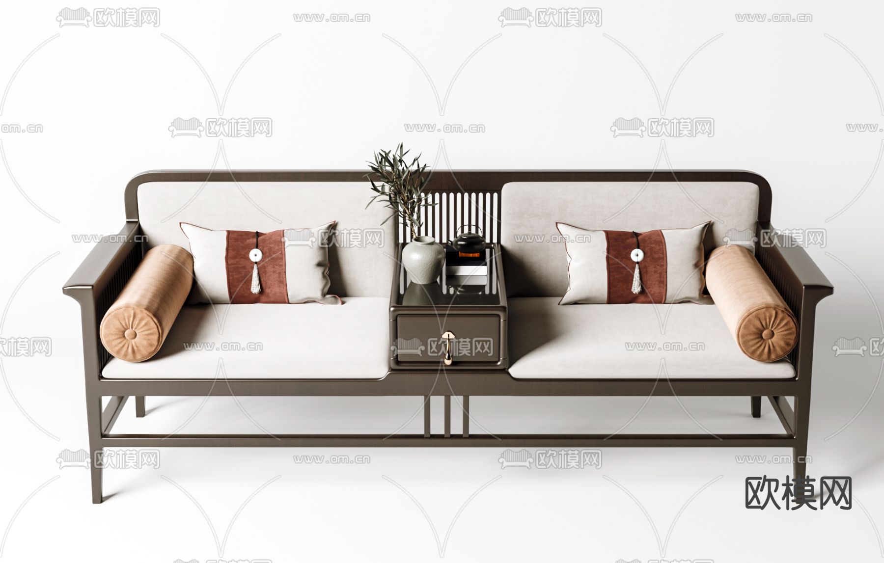 新中式布艺罗汉床3d模型下载（渲染图3）