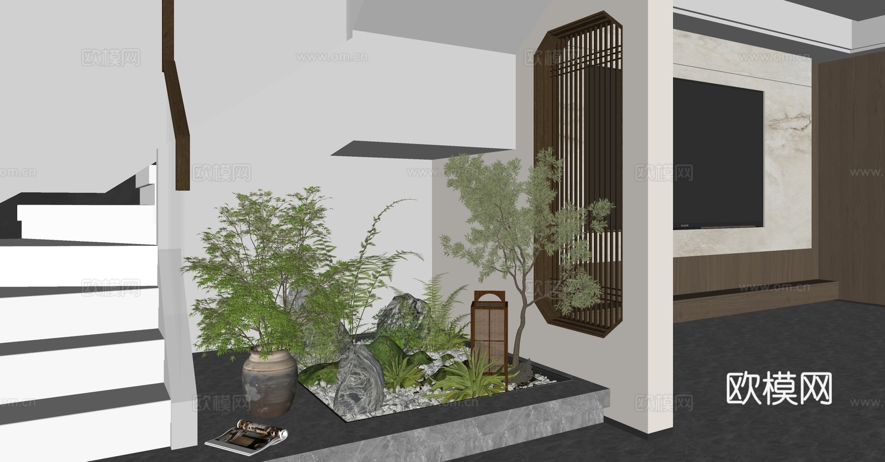 新中式室内景观 天井室内景观 楼梯景观 地下室景观小品 楼梯su模型