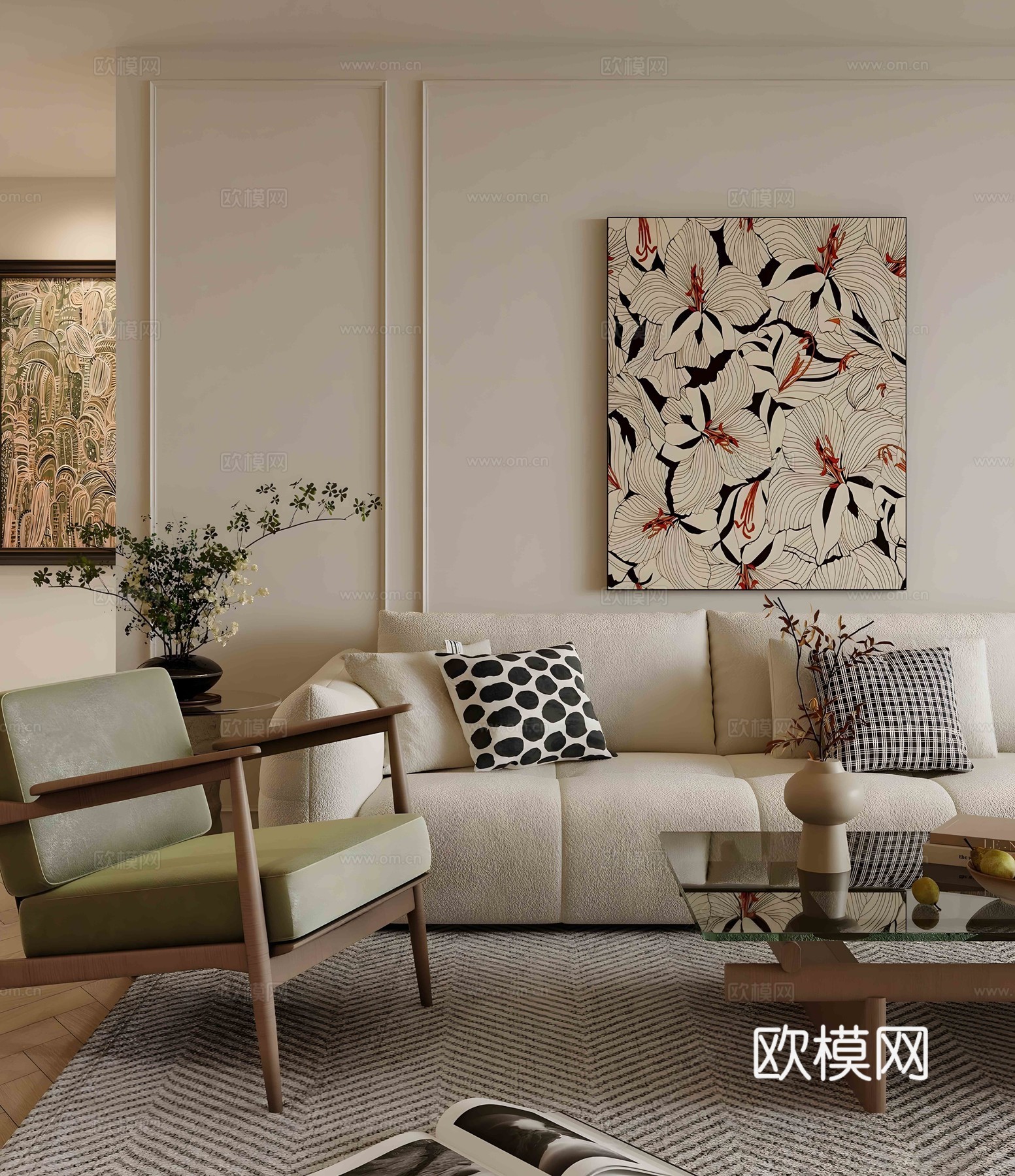 中古家居客厅 复古风客厅 沙发茶几组合 中古风休闲椅 沙发椅su模型下载（渲染图1）