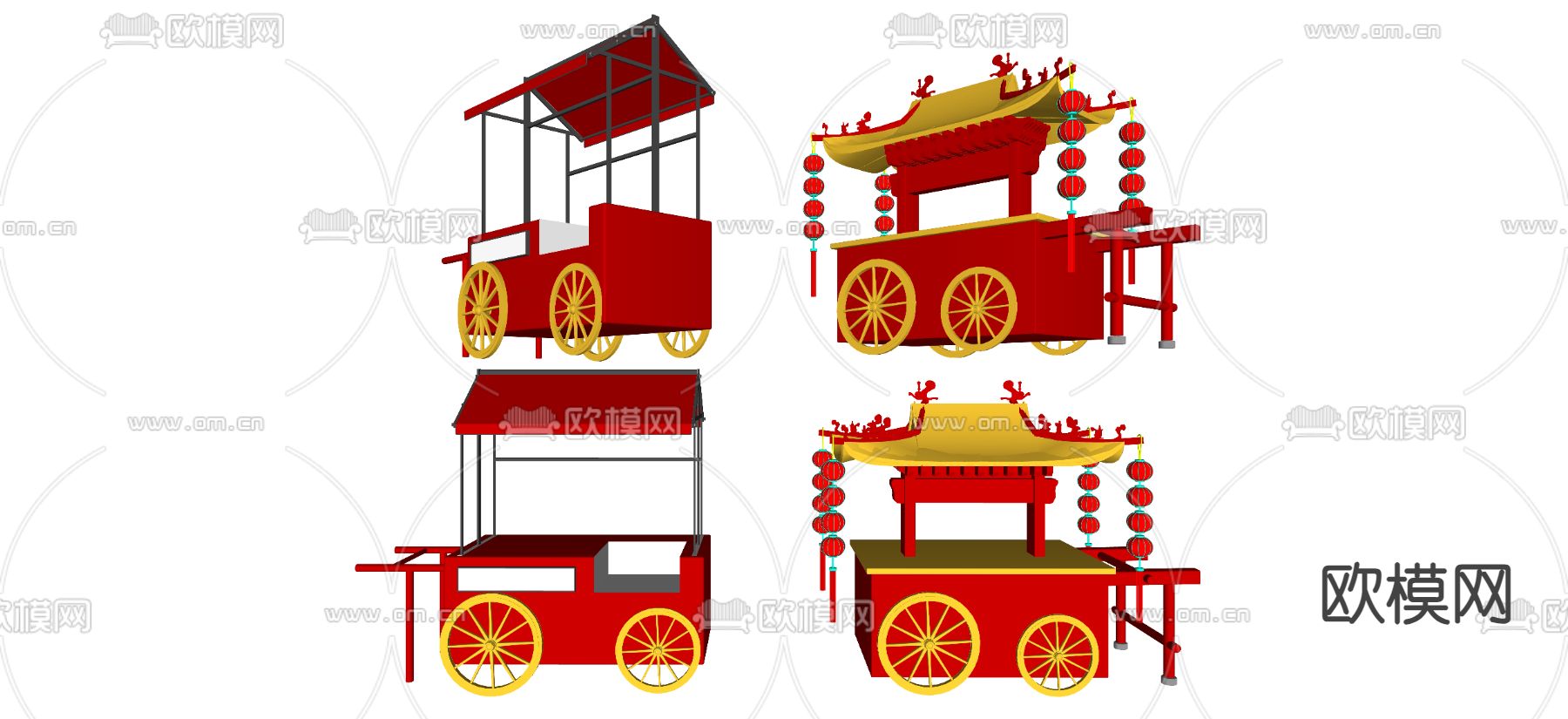 中式售卖车 地摊小吃车 移动餐车su模型