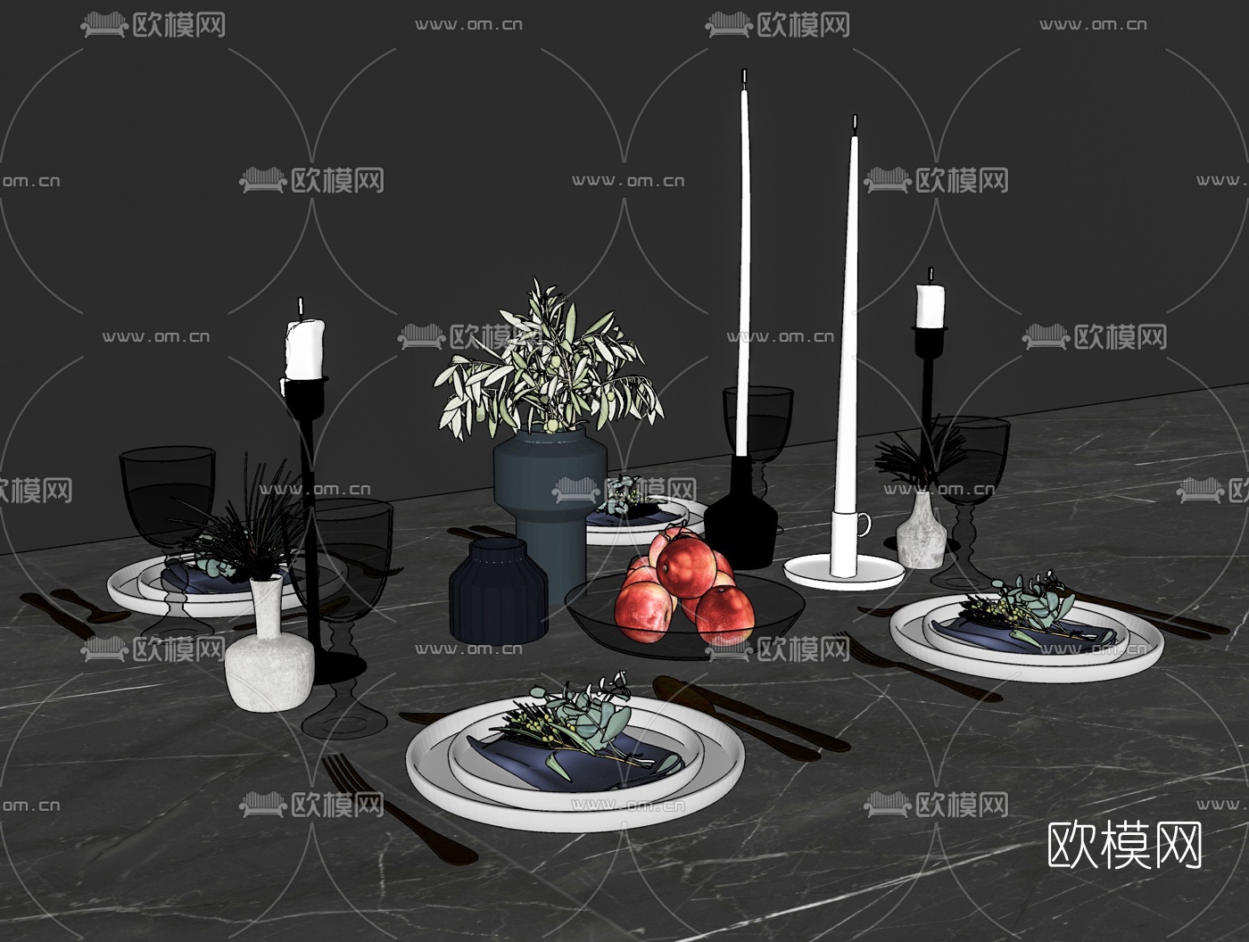 现代西餐餐具蜡烛su模型下载（渲染图2）