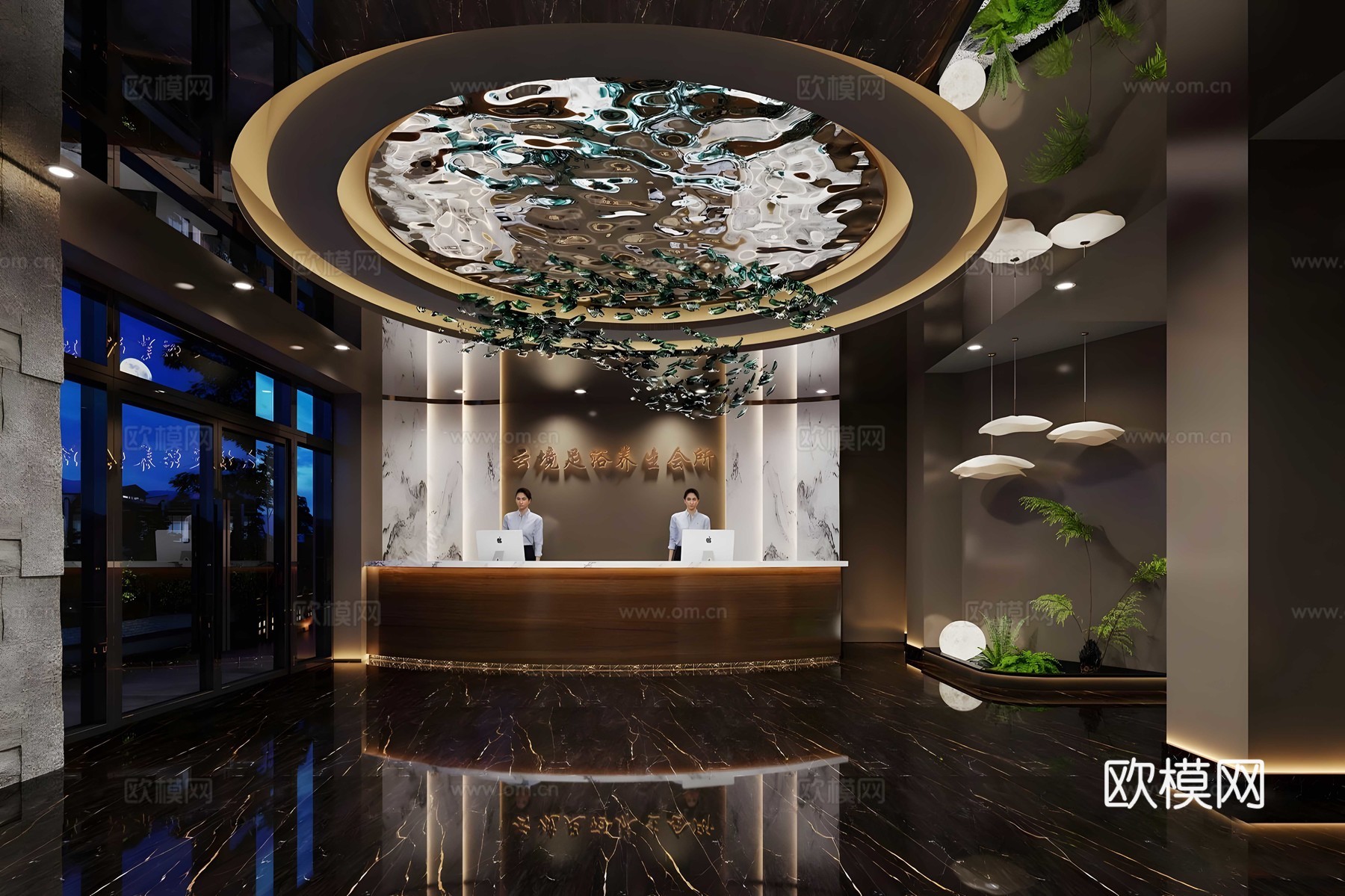 现代足浴店 现代足浴会所大厅 前台接待 酒店大堂 足浴店前台su模型下载（渲染图1）