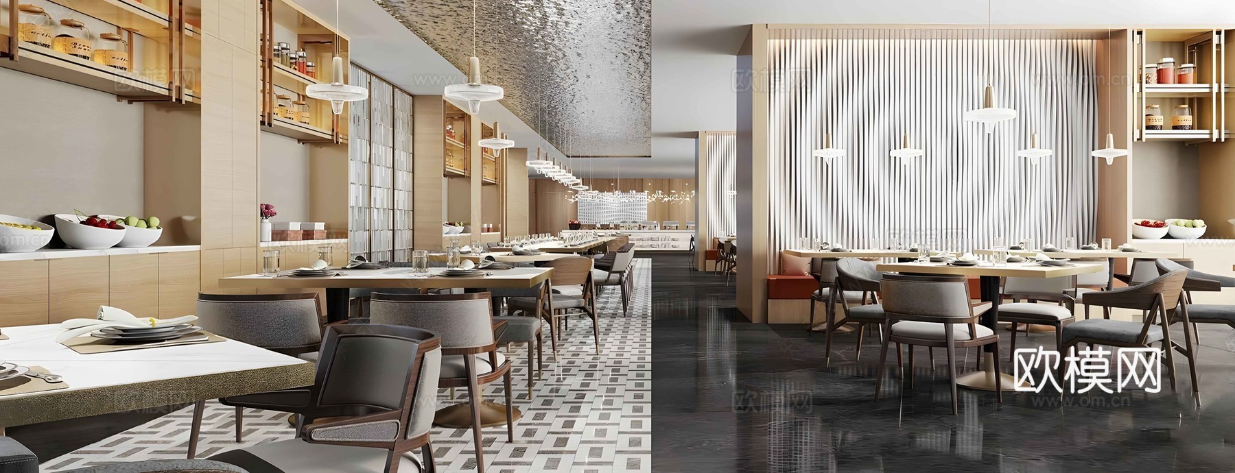 现代自助餐厅 现代全日餐厅 自助餐厅明档 酒店餐厅 酒店大堂su模型下载（渲染图1）