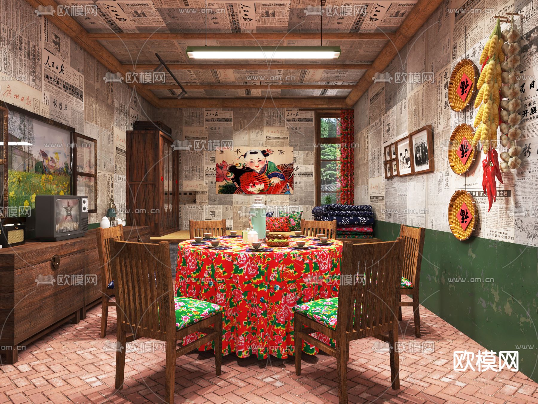 民国风餐厅包房 包间 包厢3d模型下载（渲染图1）